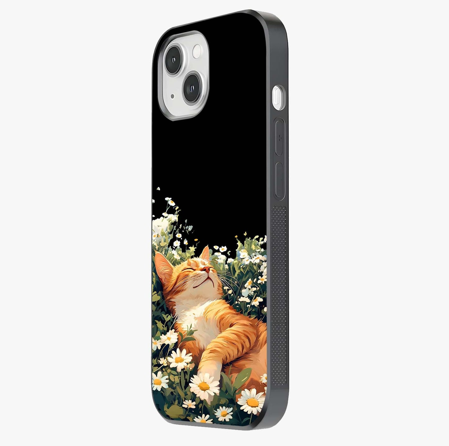 Blissful Bloom Cat Glass Case photographed in natural light showing reflective finish and design depth.