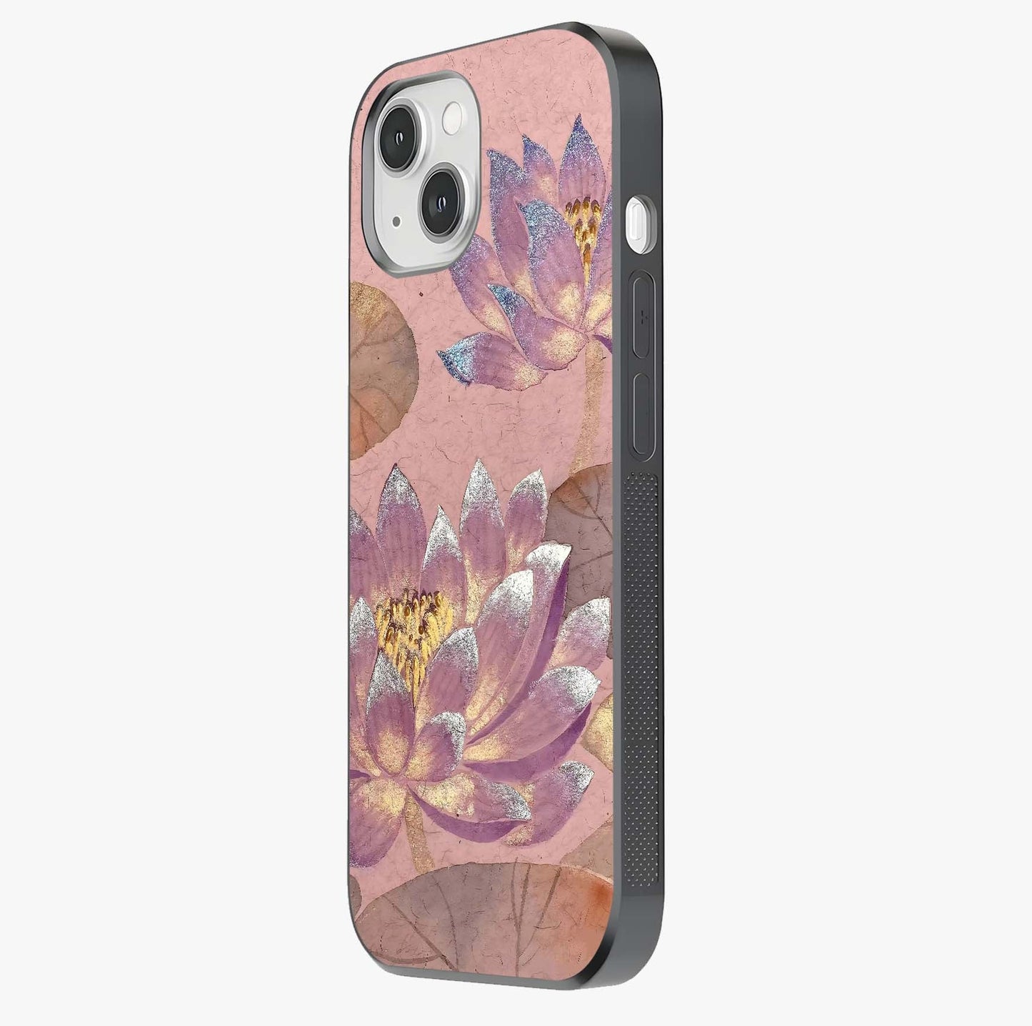 Blossom Mist Lotus Glass Case photographed in natural light showing reflective finish and design depth.