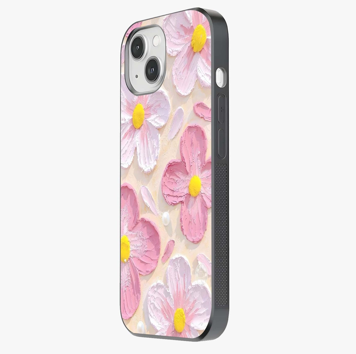 Blush Bloom Texture Glass Case photographed in natural light showing reflective finish and design depth.