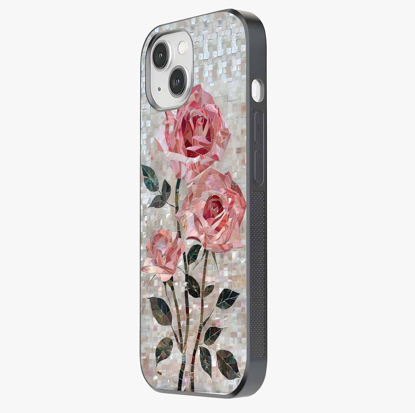 Blush Mosaic Bloom Glass Case photographed in natural light showing reflective finish and design depth.