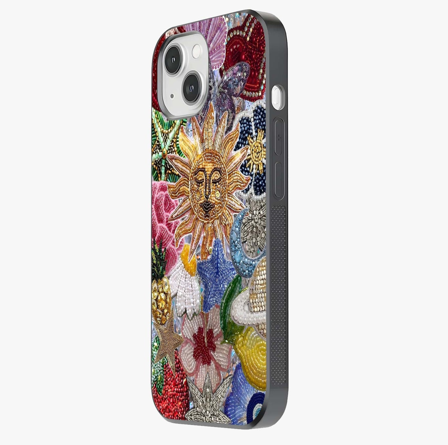 Celestial Floral And Playful Glass Case photographed in natural light showing reflective finish and design depth.