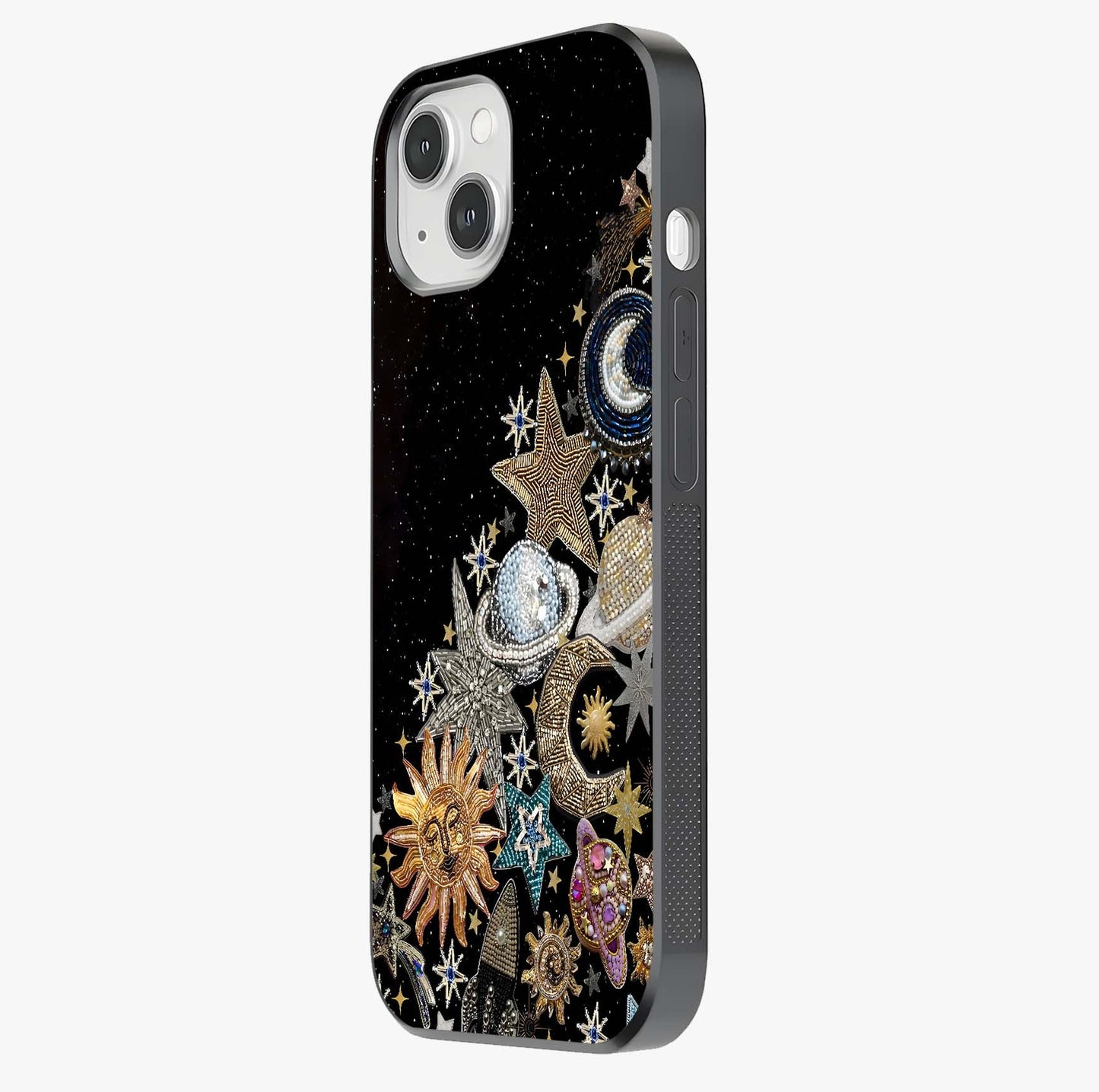 Cosmic Sparkle Dreams Glass Case photographed in natural light showing reflective finish and design depth.