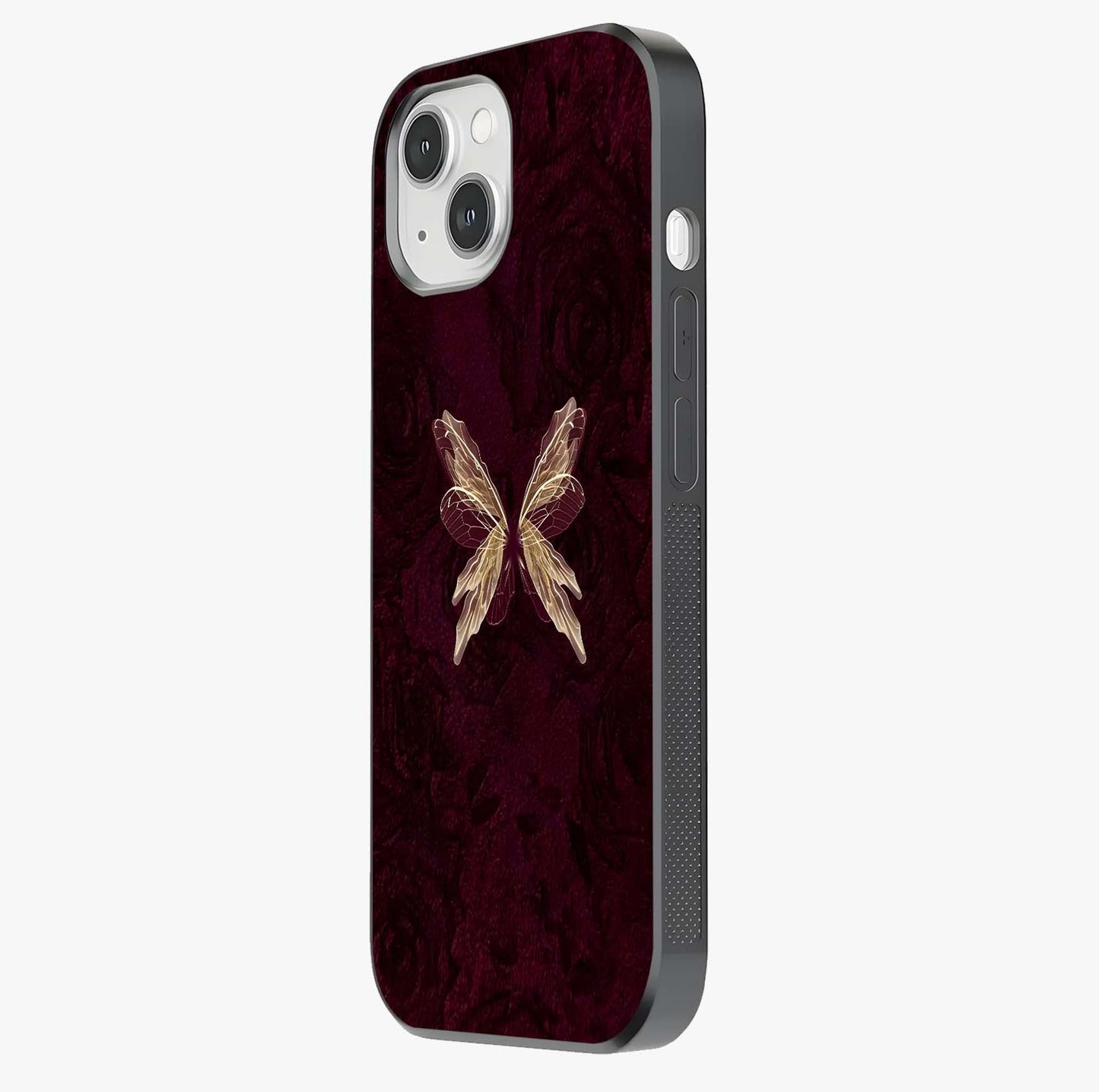Crimson Fade Butterfly Glass Case photographed in natural light showing reflective finish and design depth.