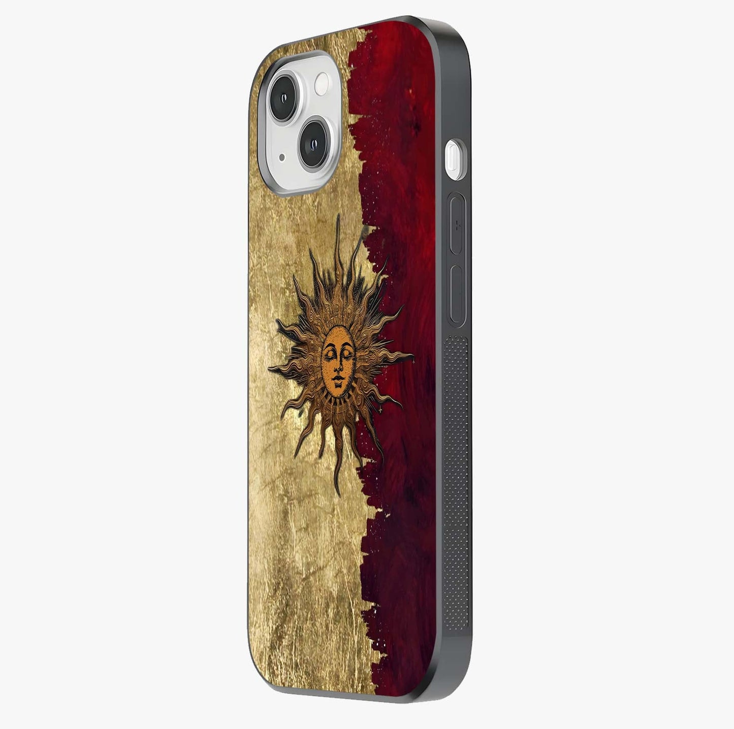 Crimson Sun Majesty Glass Case photographed in natural light showing reflective finish and design depth.