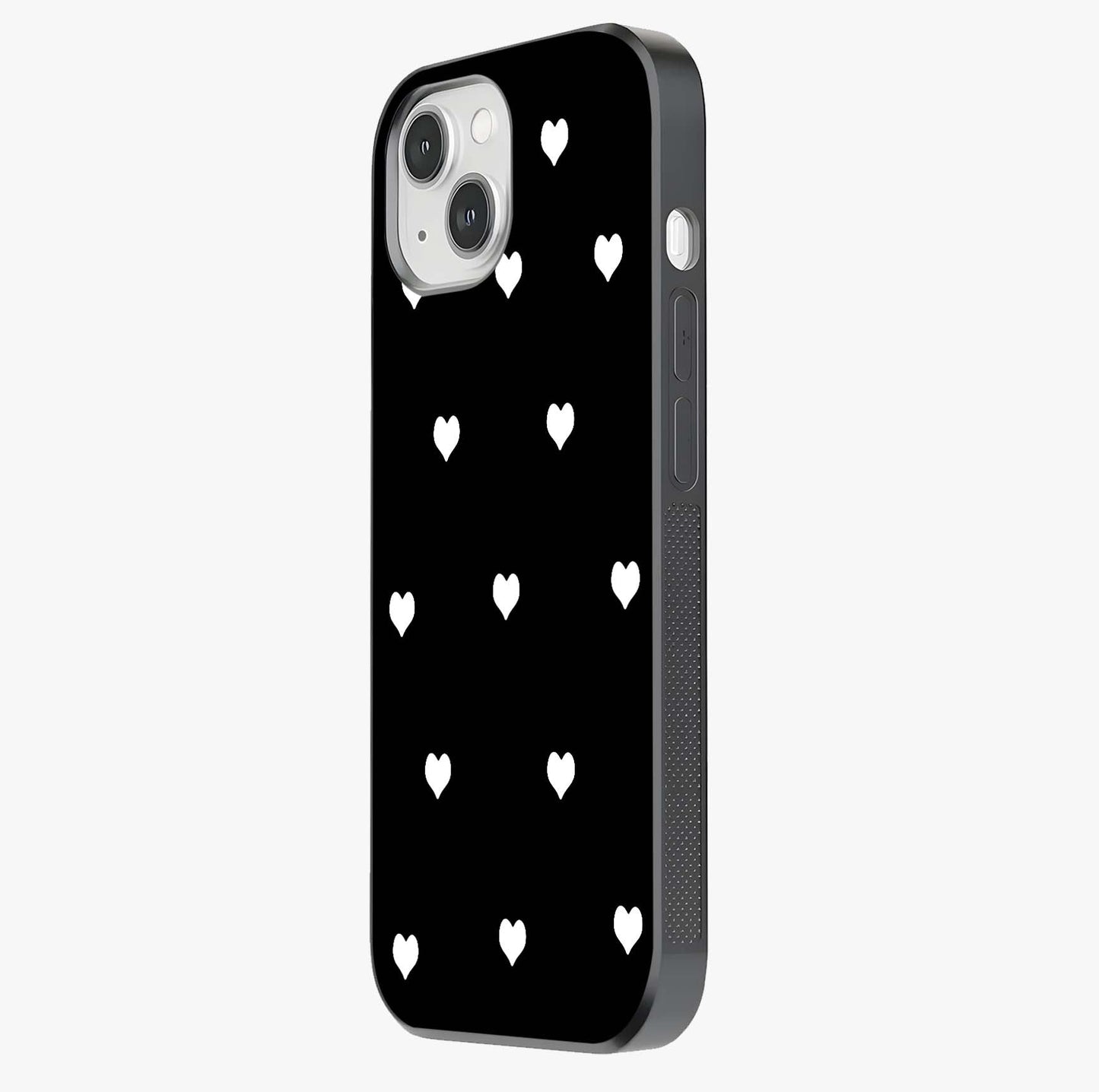 Cute And Simple White Hearts Glass Case photographed in natural light showing reflective finish and design depth.