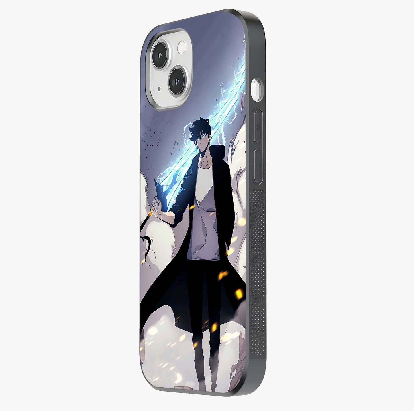 Dark Lightning Anime Warrior Glass Case photographed in natural light showing reflective finish and design depth.