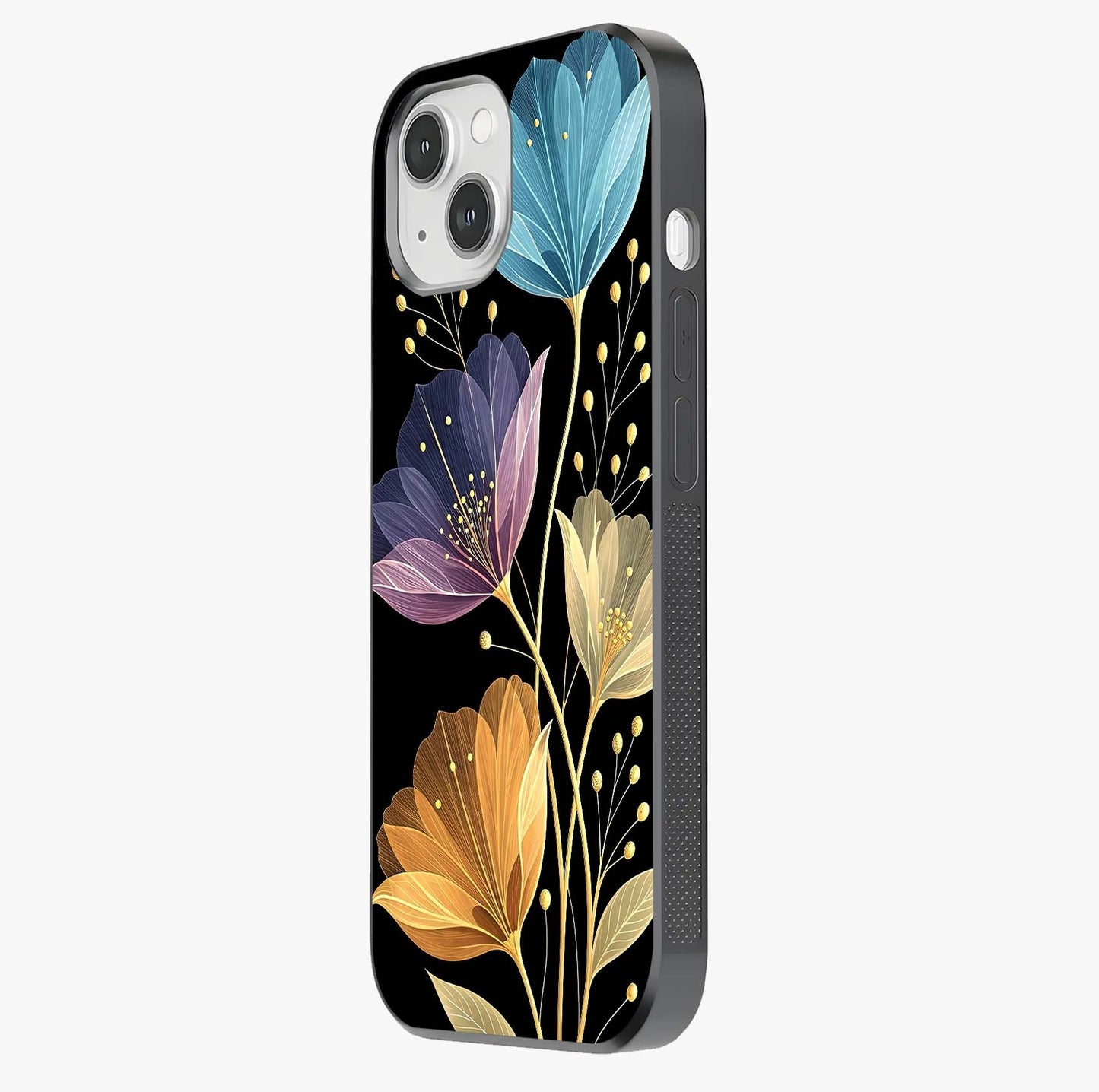 Delicate Multicolor Flowers Glass Case photographed in natural light showing reflective finish and design depth.