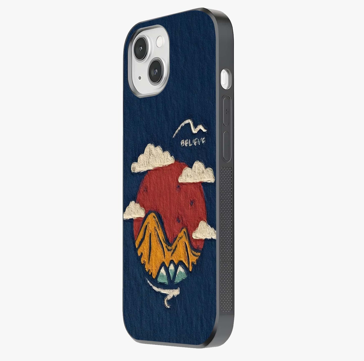 Dream Beyond Mountains Glass Case photographed in natural light showing reflective finish and design depth.