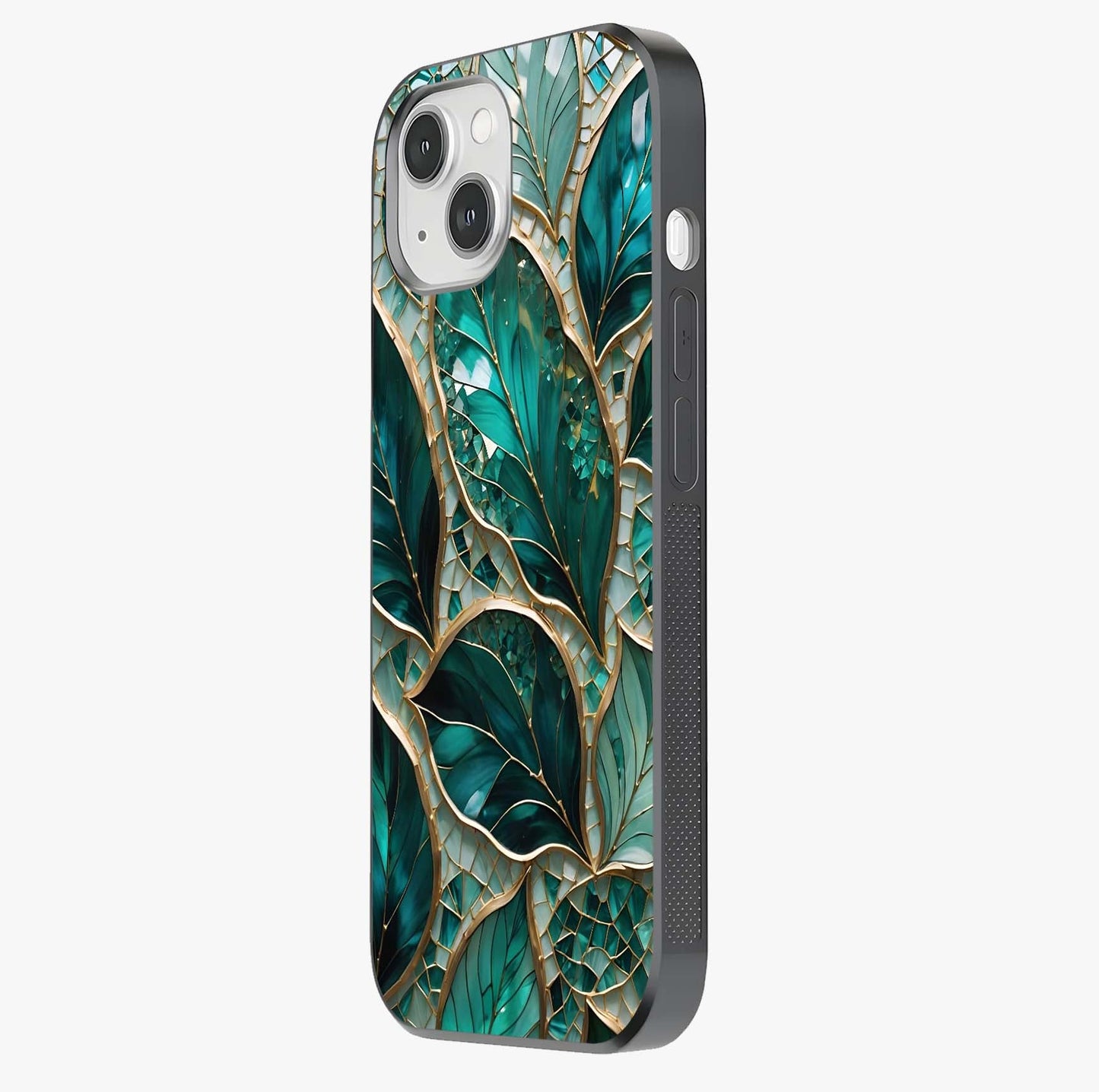 Emerald Leaf Glass Glass Case photographed in natural light showing reflective finish and design depth.