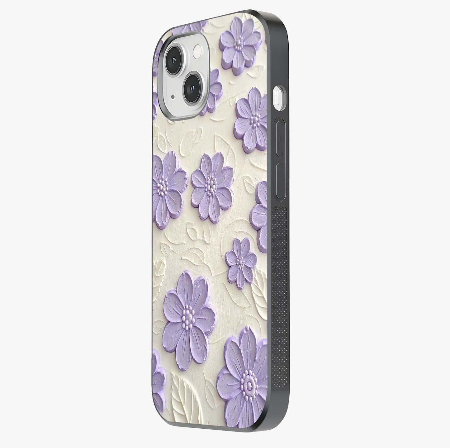 Floral Wall Art With Purple Flowers Glass Case photographed in natural light showing reflective finish and design depth.
