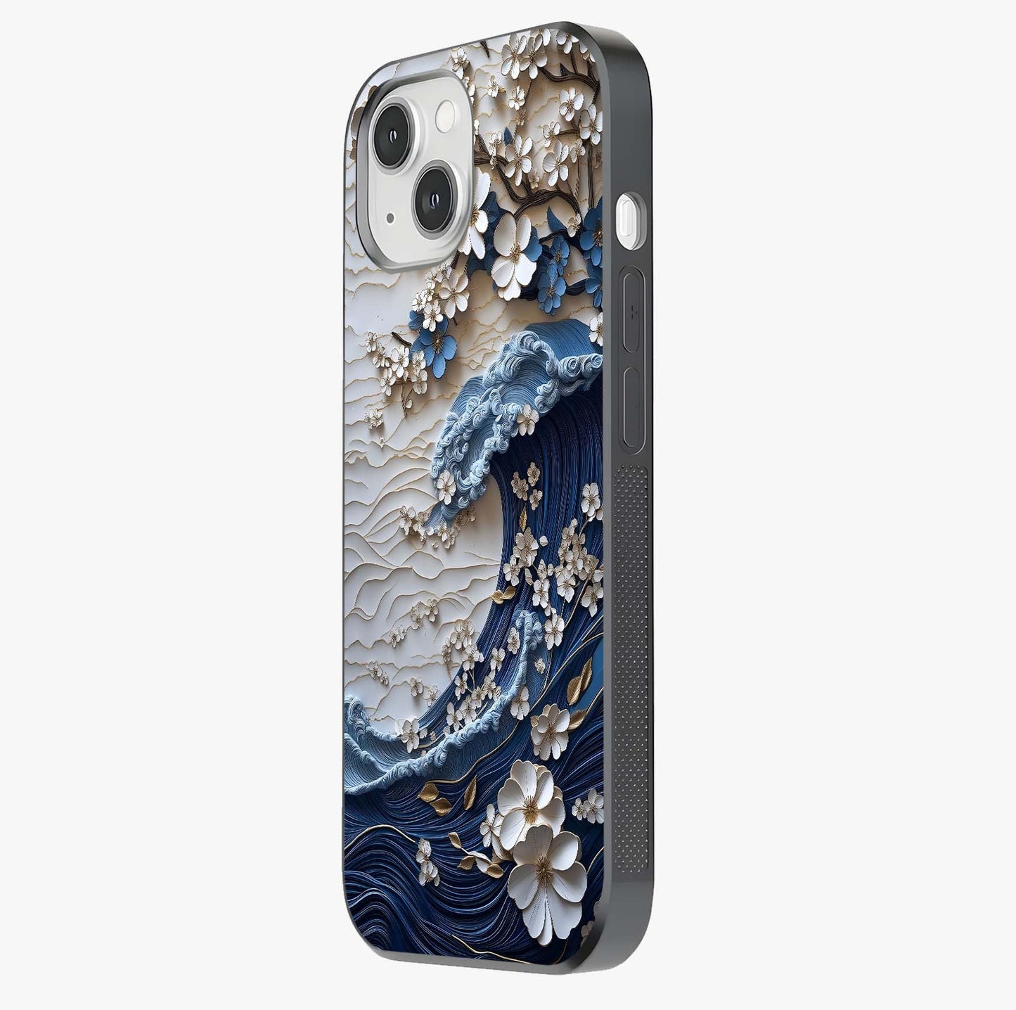 Floral Wave Origami Glass Case photographed in natural light showing reflective finish and design depth.