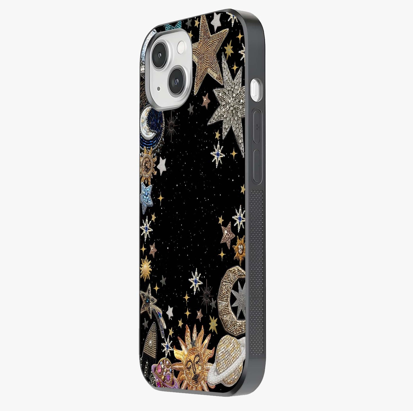 Galactic Jewel Stars Glass Case photographed in natural light showing reflective finish and design depth.