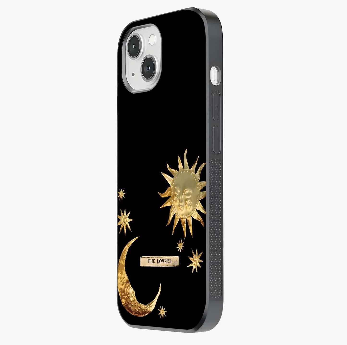 Golden Celestial Charm Glass Case photographed in natural light showing reflective finish and design depth.