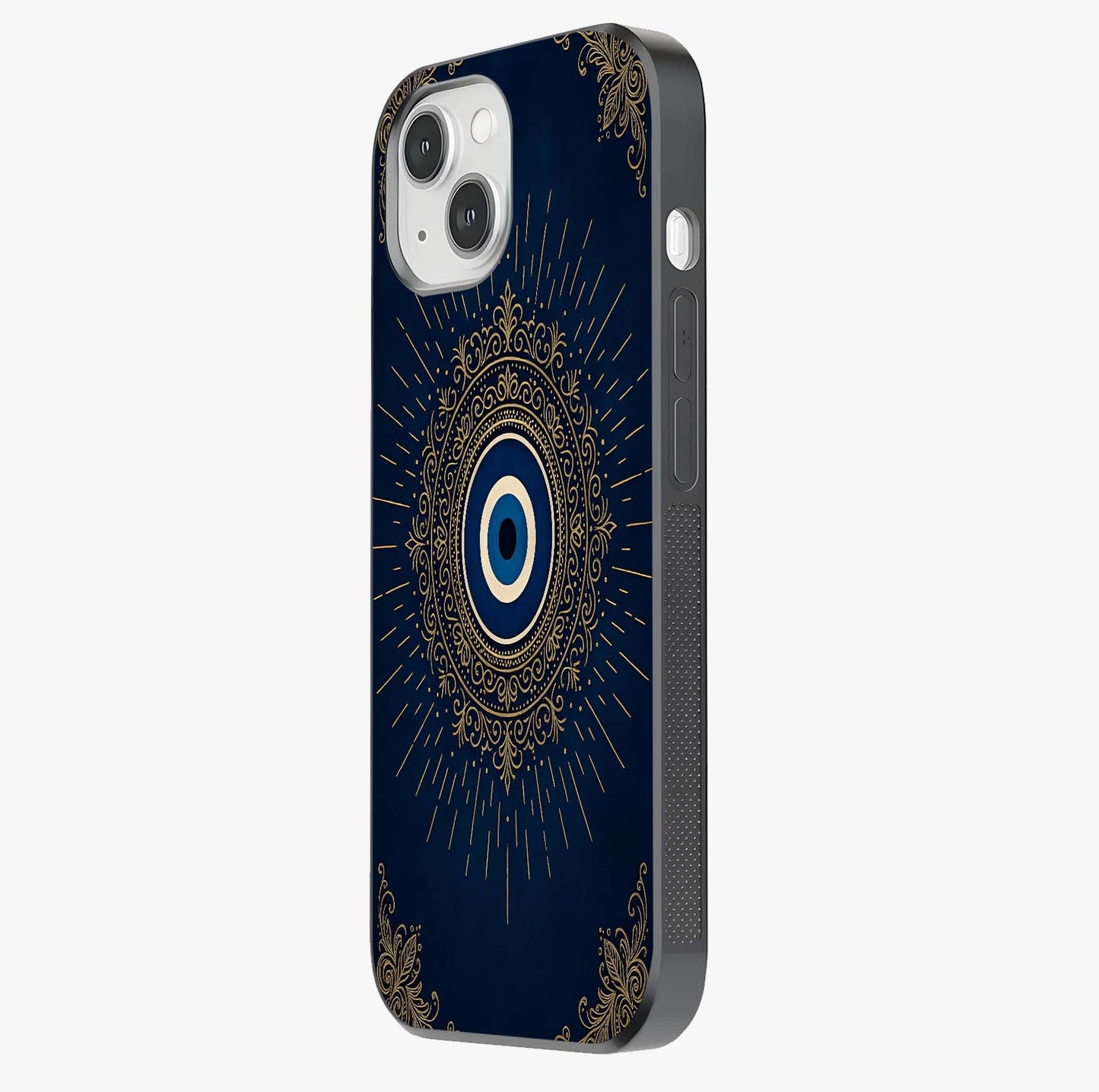 Golden Evil Eye Mandala Glass Case photographed in natural light showing reflective finish and design depth.