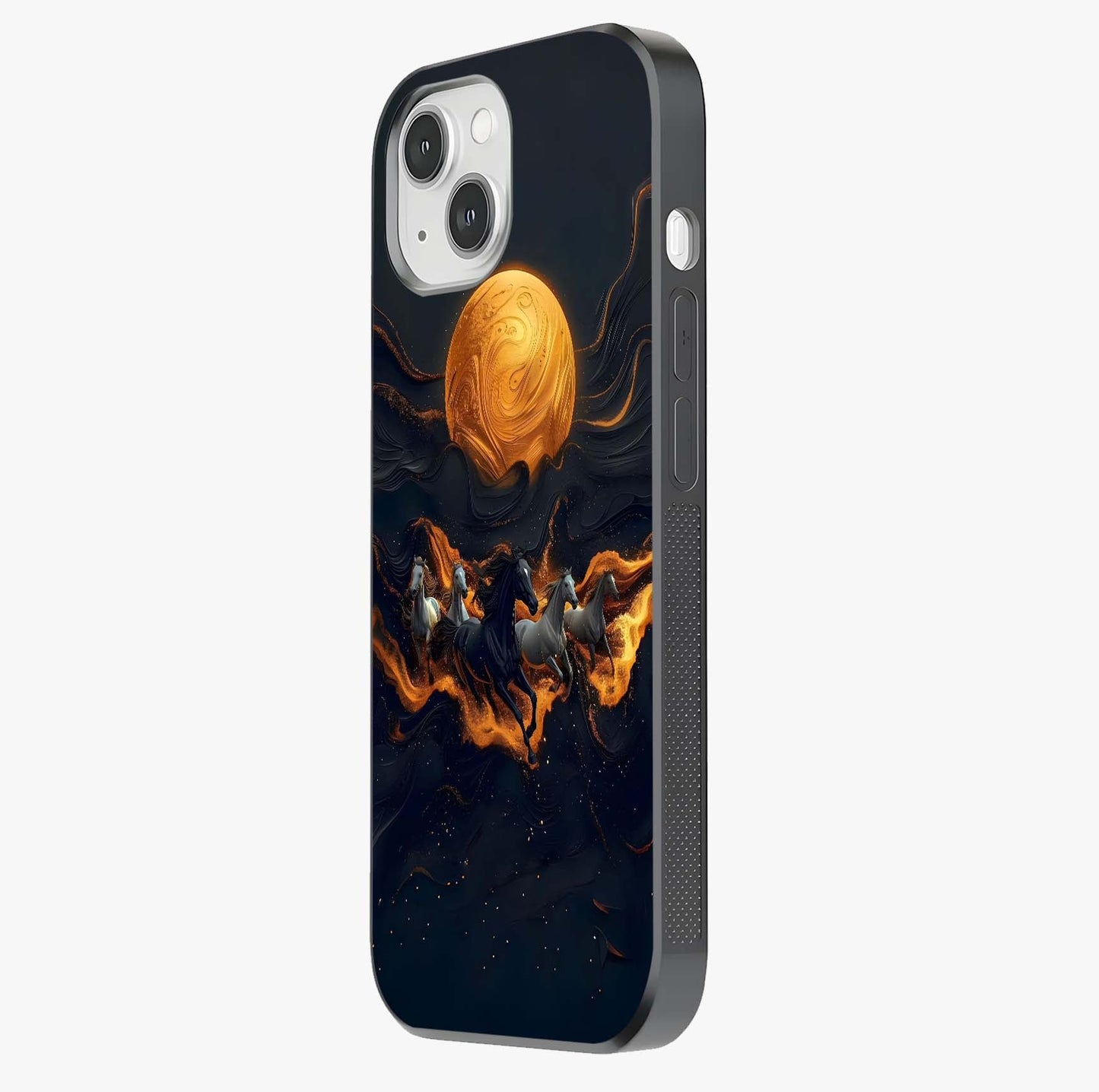 Golden Stallion Moonride Glass Case photographed in natural light showing reflective finish and design depth.
