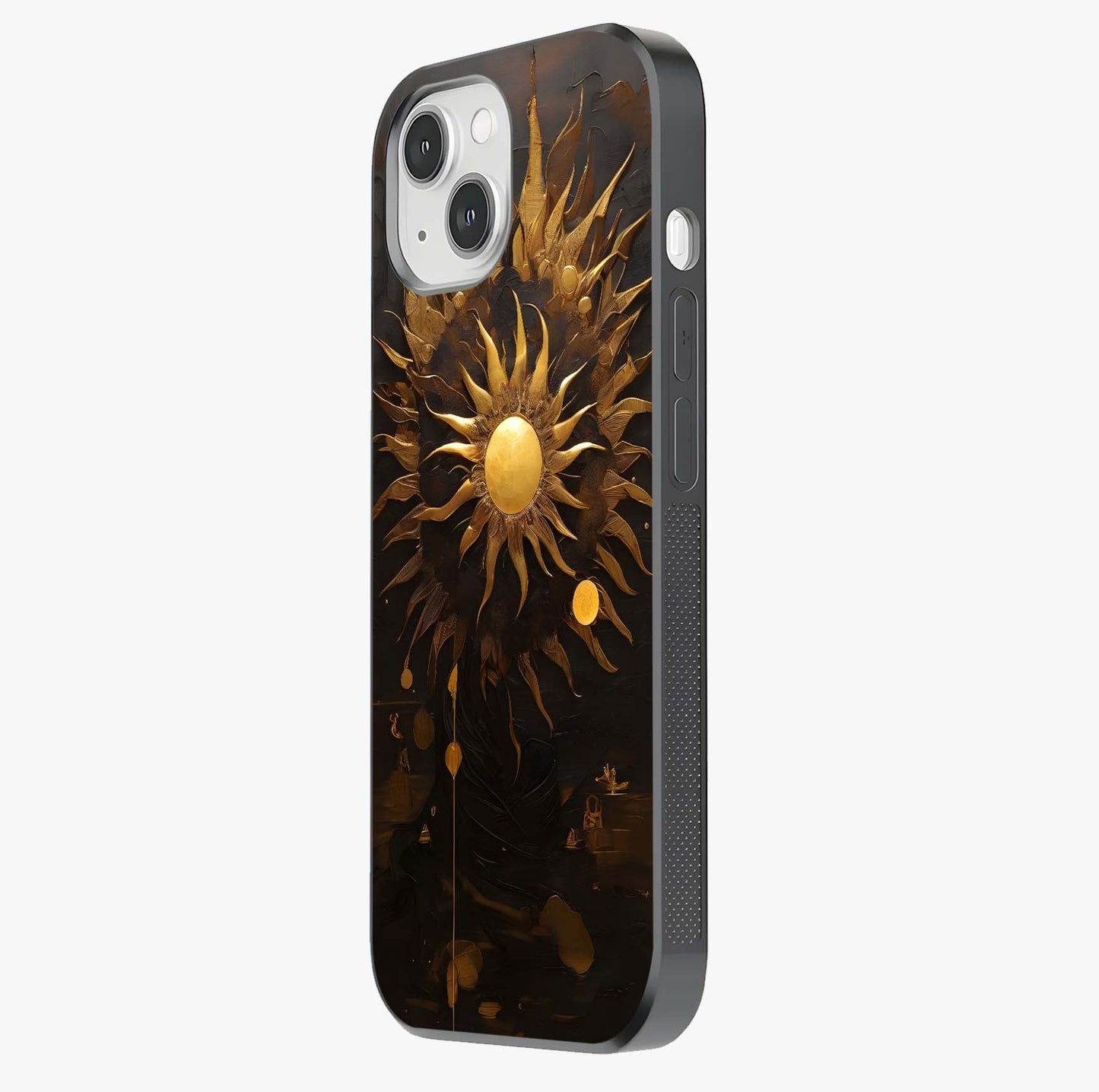 Golden Sun Majesty Glass Case photographed in natural light showing reflective finish and design depth.