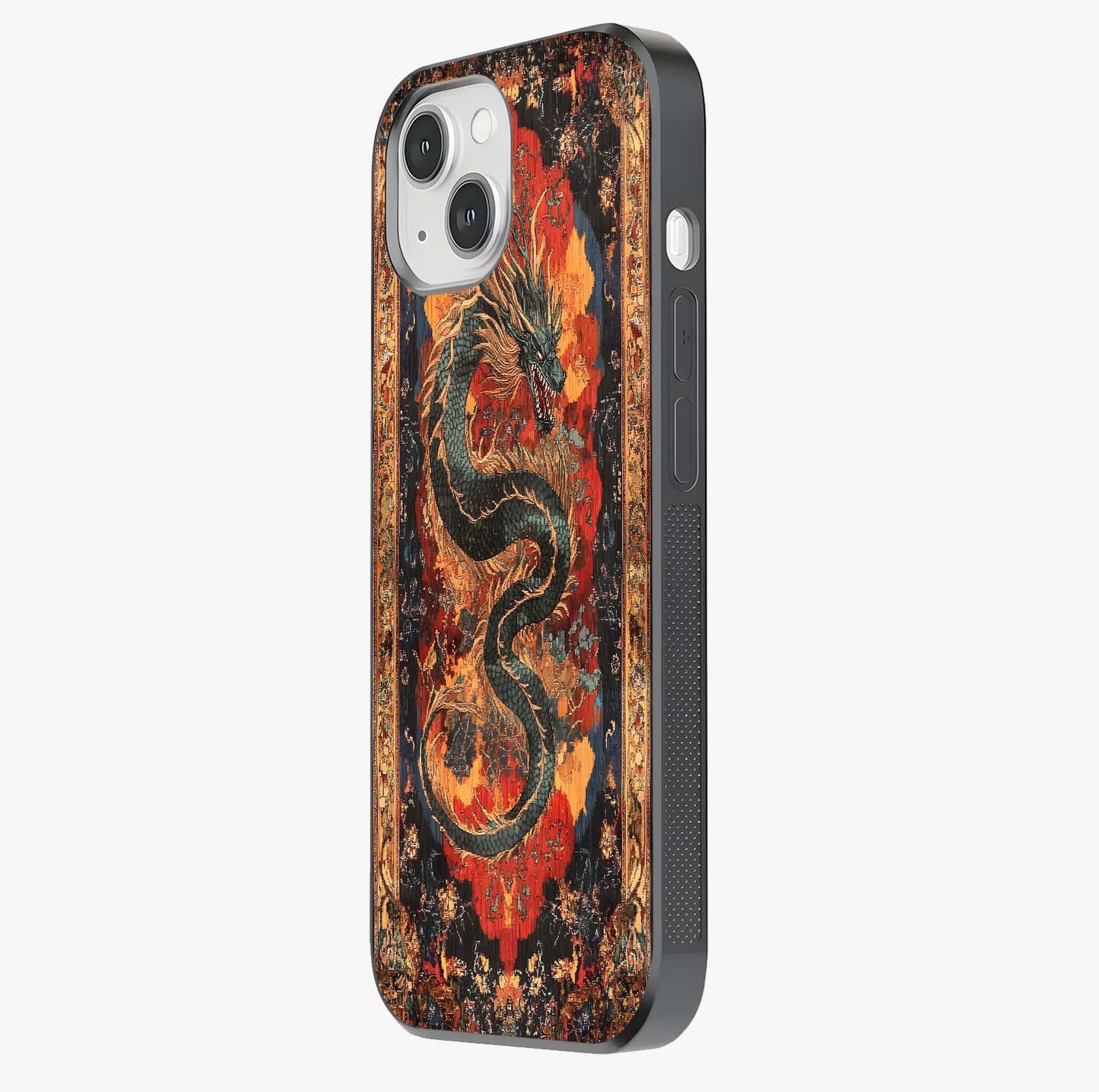 Inferno Dragon Soul Glass Case photographed in natural light showing reflective finish and design depth.
