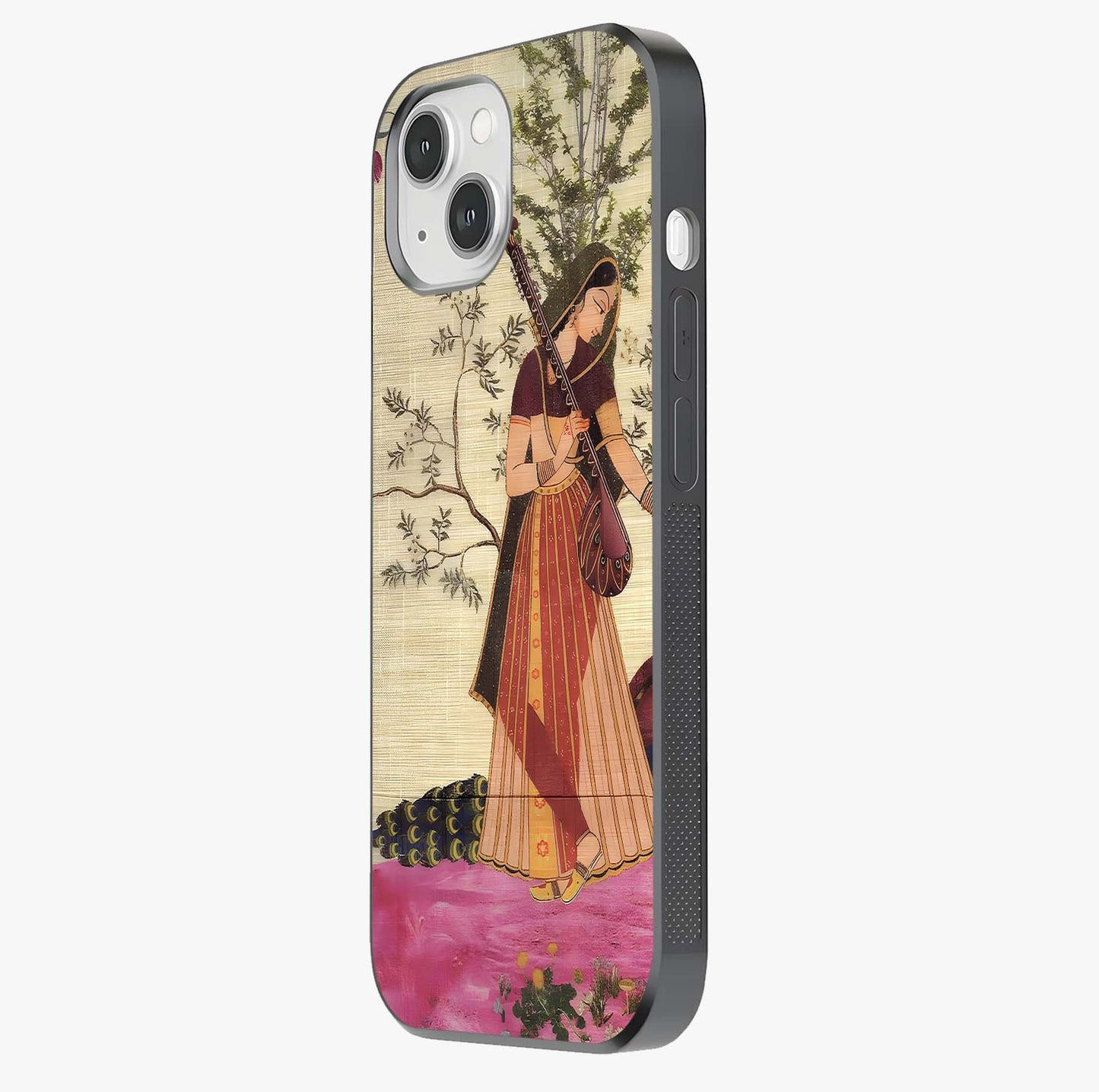 Lady With Veena Art Glass Case photographed in natural light showing reflective finish and design depth.