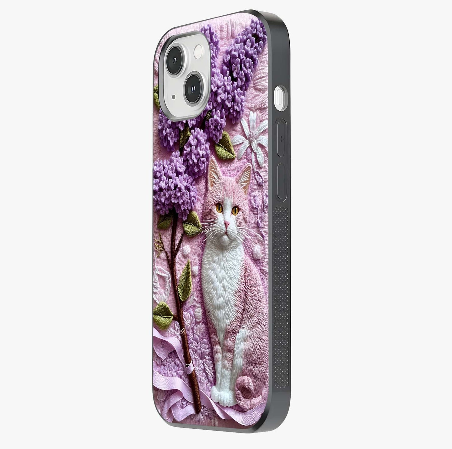 Lavender Cat Whimsy Glass Case photographed in natural light showing reflective finish and design depth.