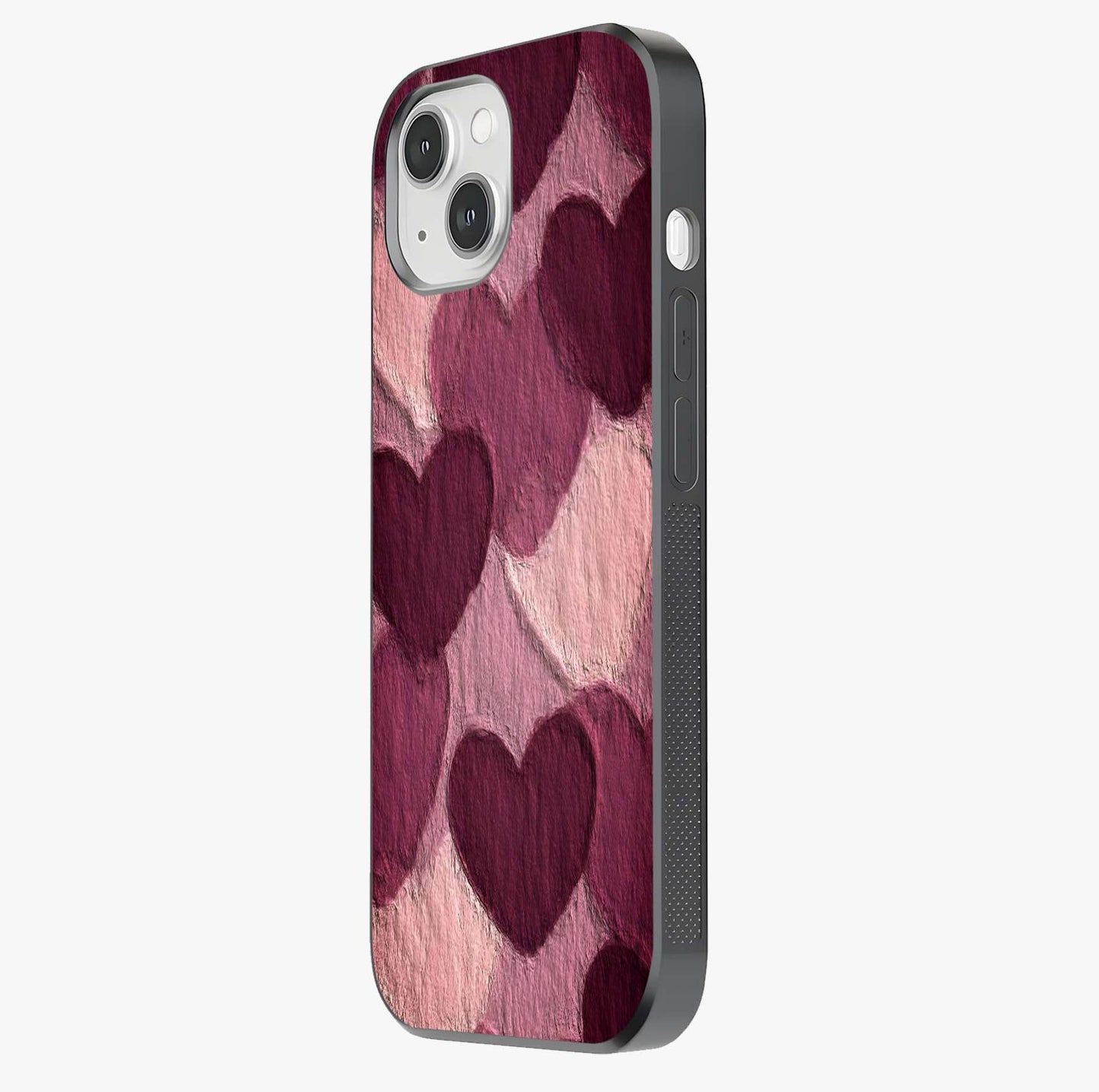 Layered Paper Hearts Glass Case photographed in natural light showing reflective finish and design depth.