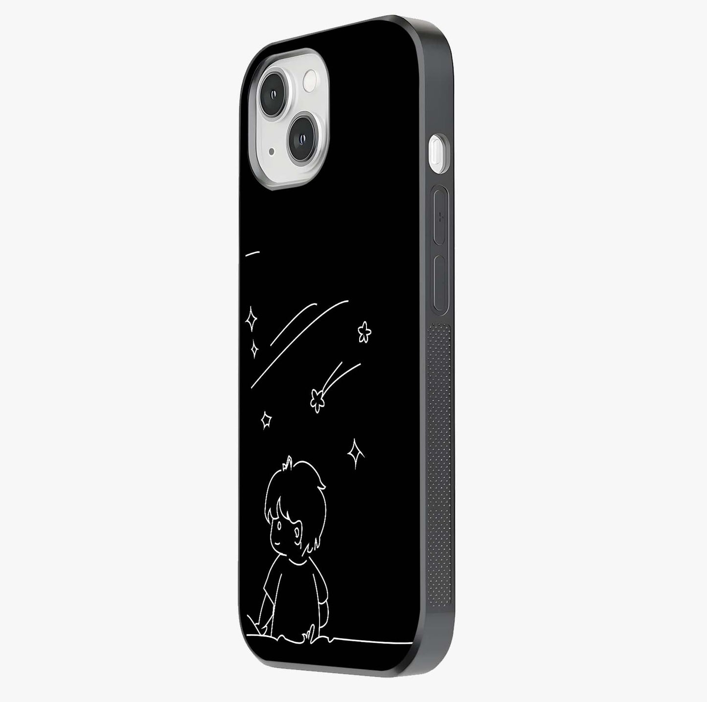Line Art Boy With Shooting Stars Glass Case photographed in natural light showing reflective finish and design depth.