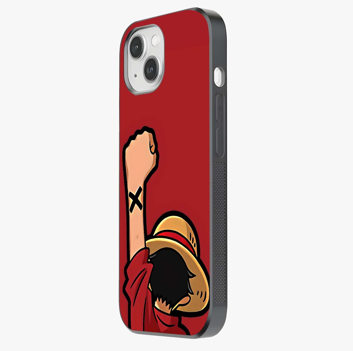 Luffy X Spirit Glass Case photographed in natural light showing reflective finish and design depth.