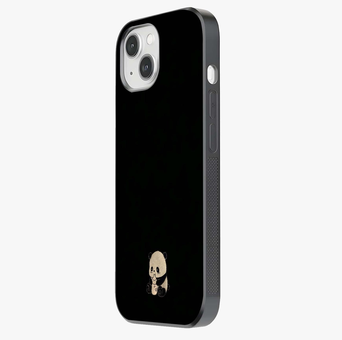 Midnight Panda Love Glass Case photographed in natural light showing reflective finish and design depth.