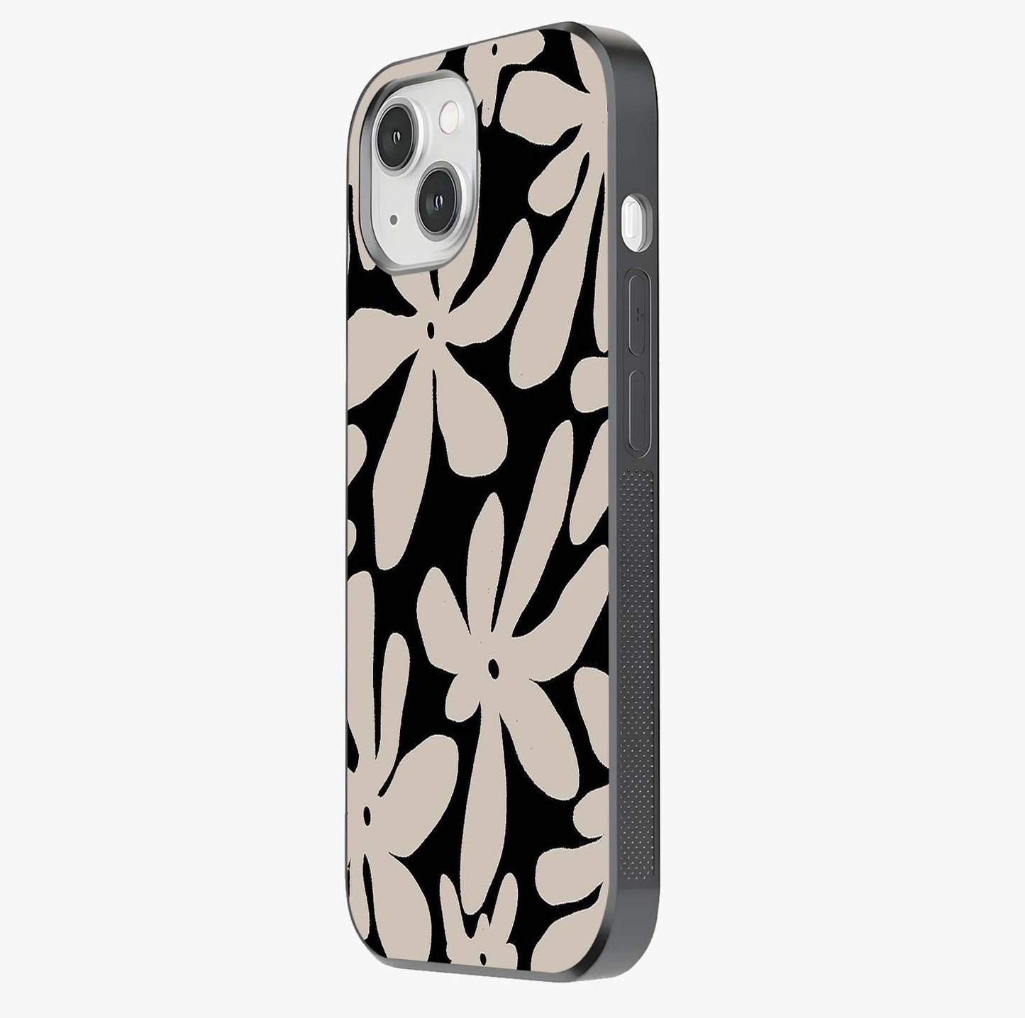 Monochrome Petal Dance Glass Case photographed in natural light showing reflective finish and design depth.