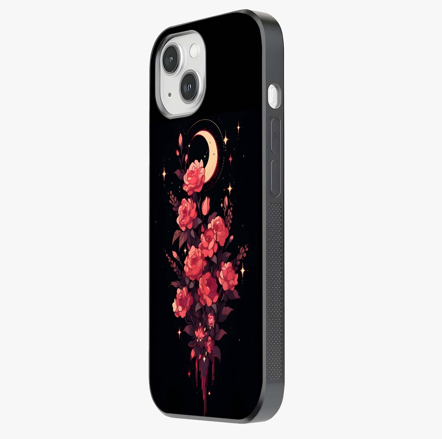 Moonlit Floral Elegance Glass Case photographed in natural light showing reflective finish and design depth.