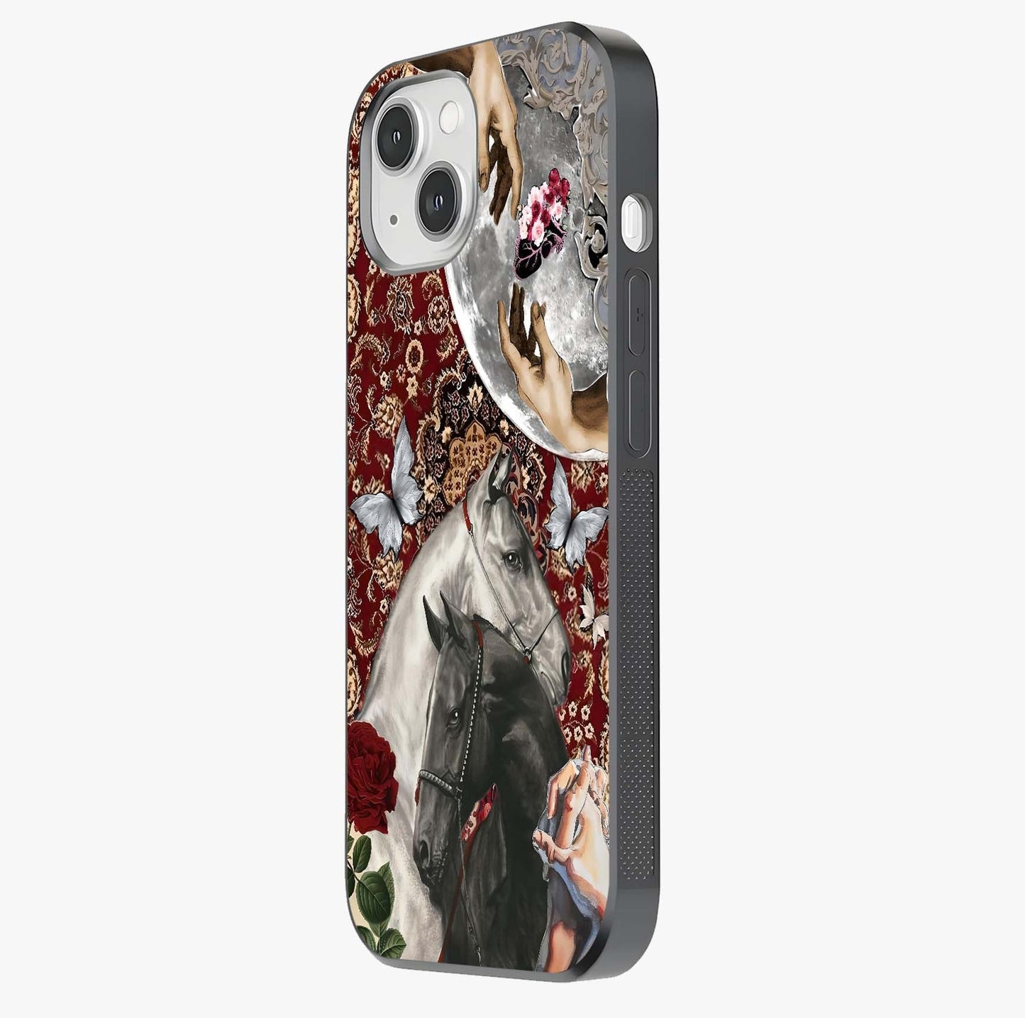 Moonlit Royal Stallion Glass Case photographed in natural light showing reflective finish and design depth.