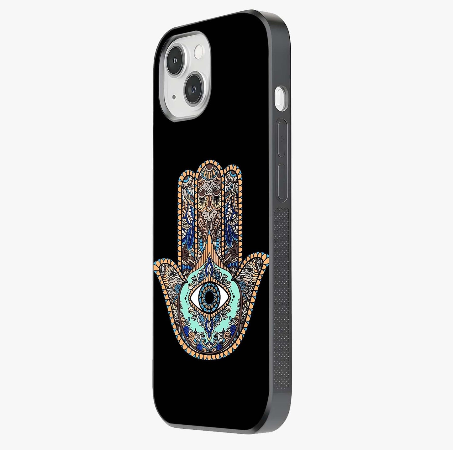 Mystic Hamsa Eye Glass Case photographed in natural light showing reflective finish and design depth.