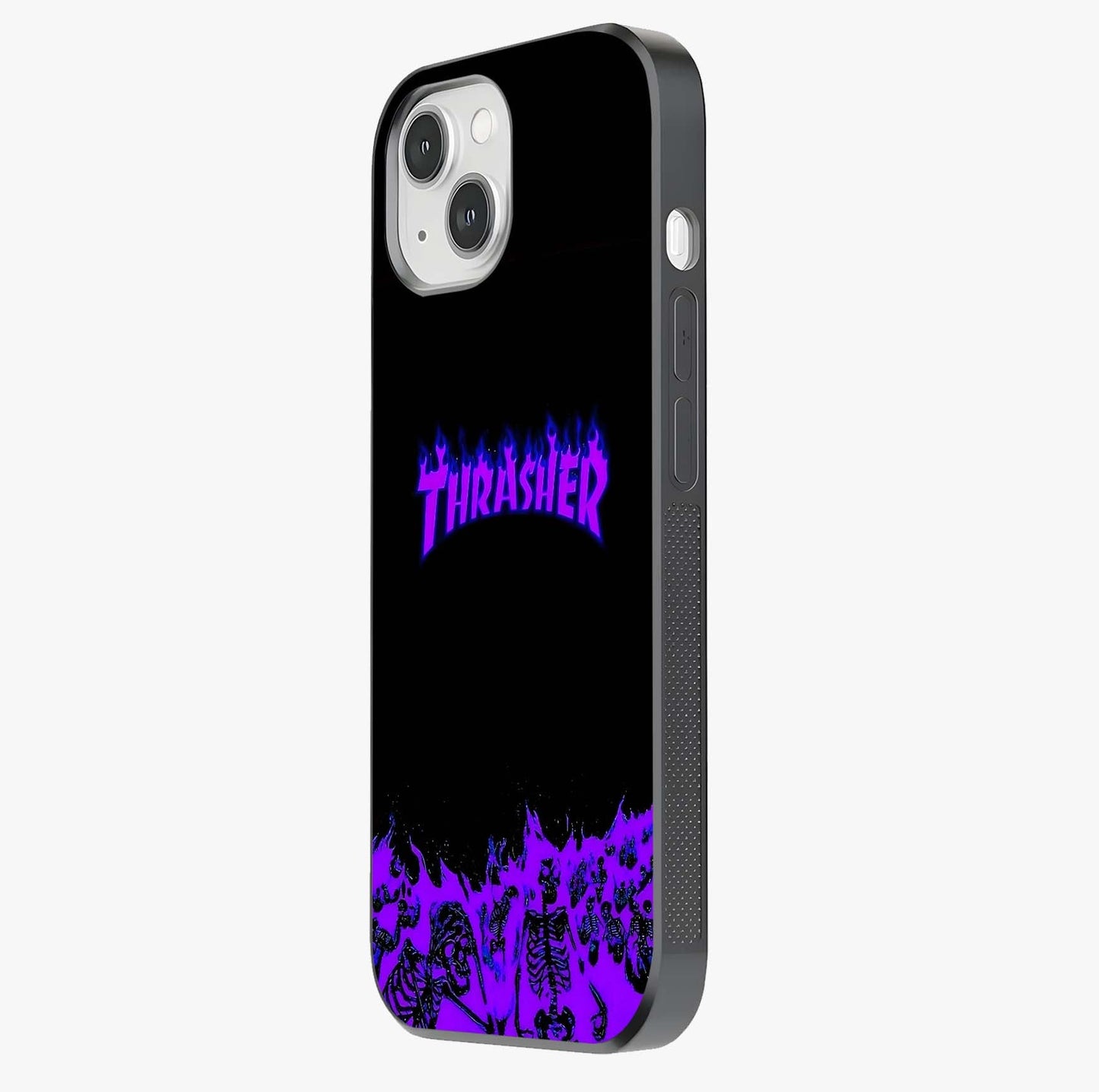 Neon Flame Riot Glass Case photographed in natural light showing reflective finish and design depth.