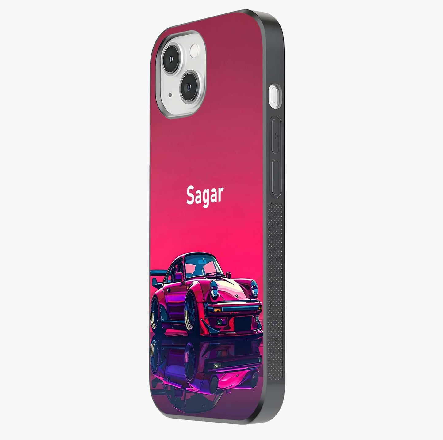 Neon Pink Porsche Glass Case photographed in natural light showing reflective finish and design depth.