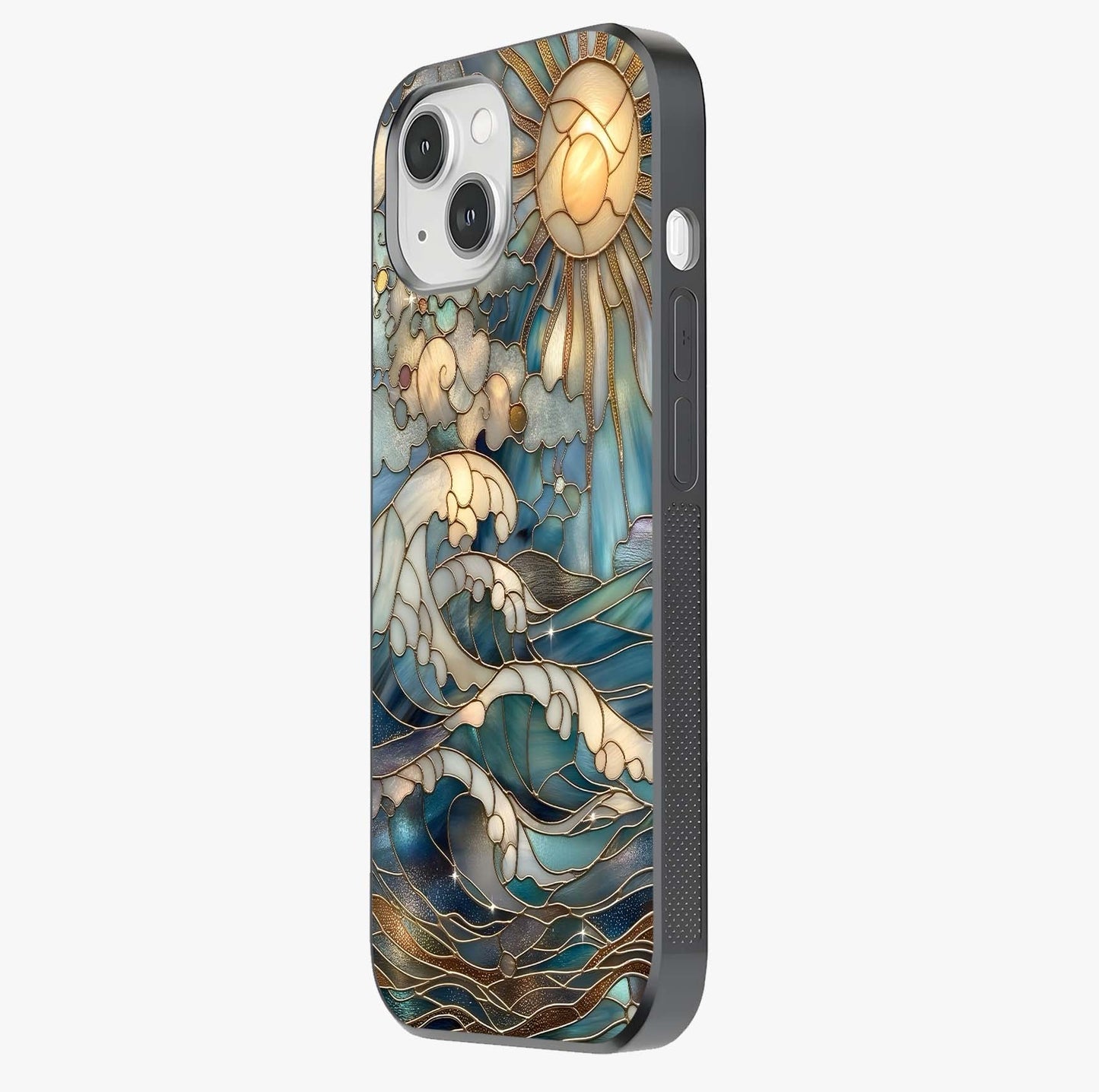 Oceanic Stained Printed Glass Case photographed in natural light showing reflective finish and design depth.