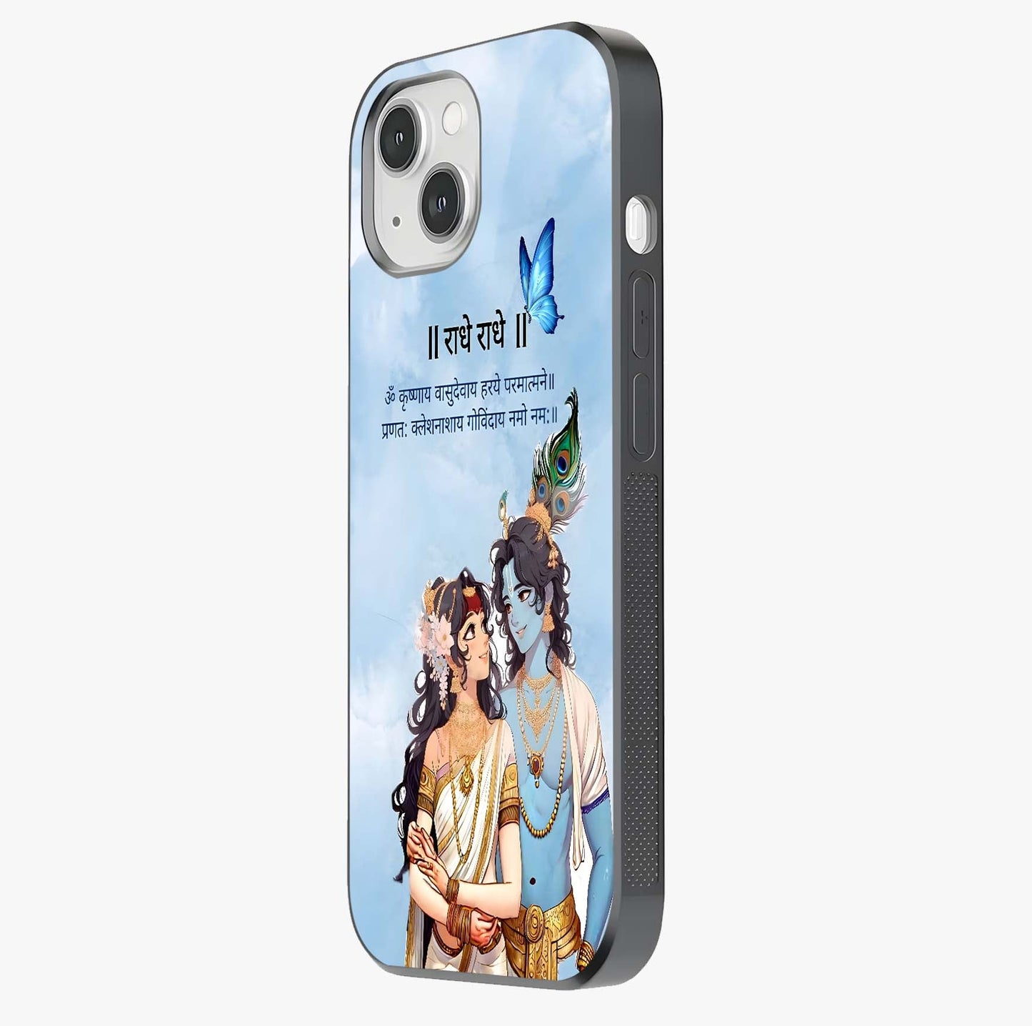Radha Krishna Eternal Glass Case photographed in natural light showing reflective finish and design depth.