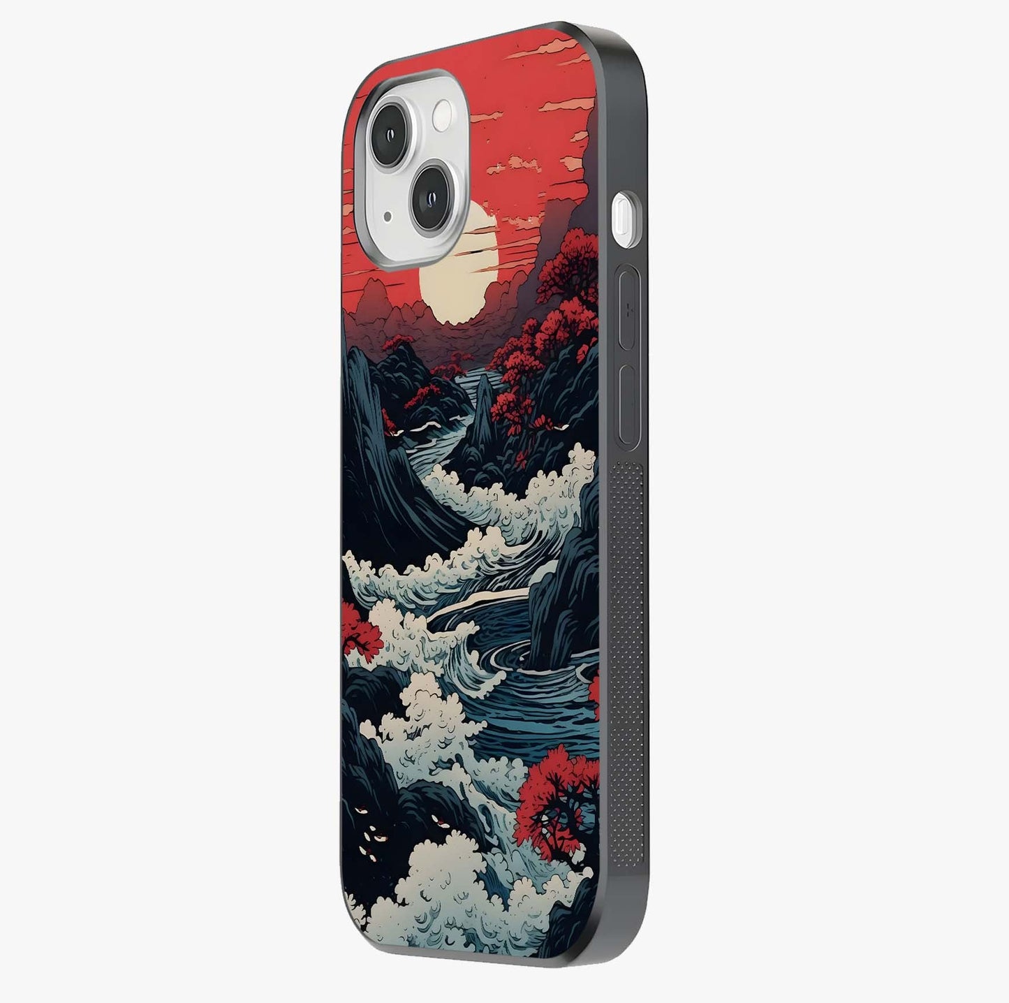 Red Sunset Scenery Glass Case photographed in natural light showing reflective finish and design depth.
