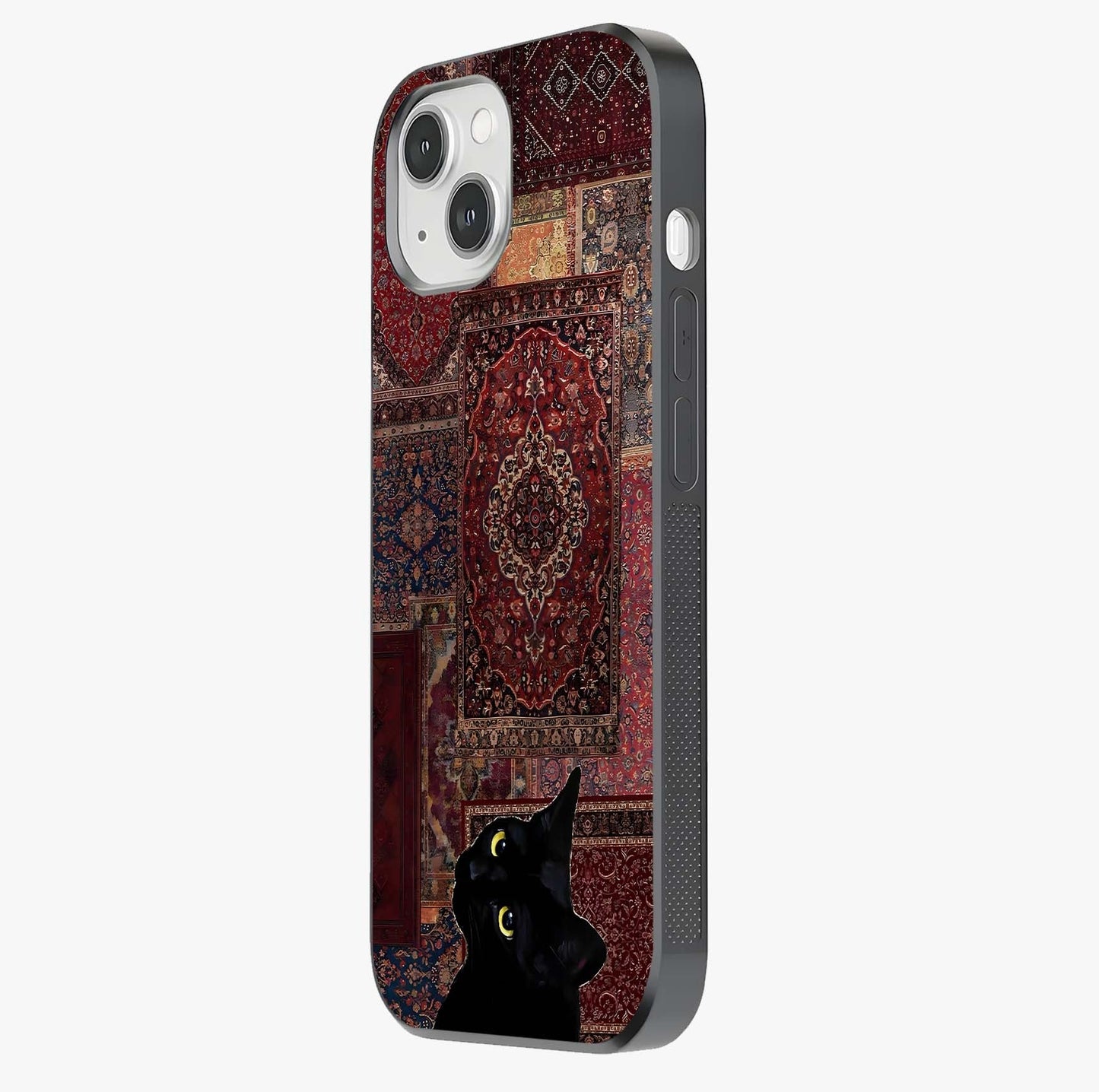 Regal Magic Cat Apple Glass Case photographed in natural light showing reflective finish and design depth.