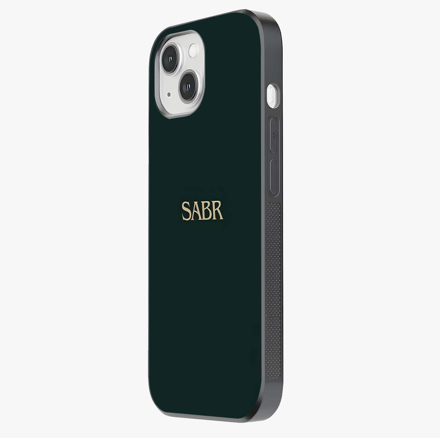 Sabr Minimal Patience Glass Case photographed in natural light showing reflective finish and design depth.
