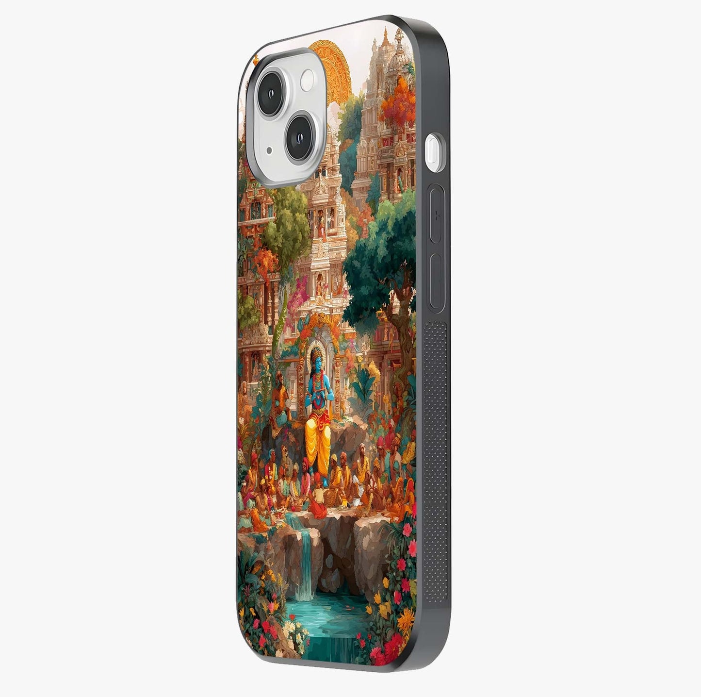 Sacred Sunlight Gods Glass Case photographed in natural light showing reflective finish and design depth.