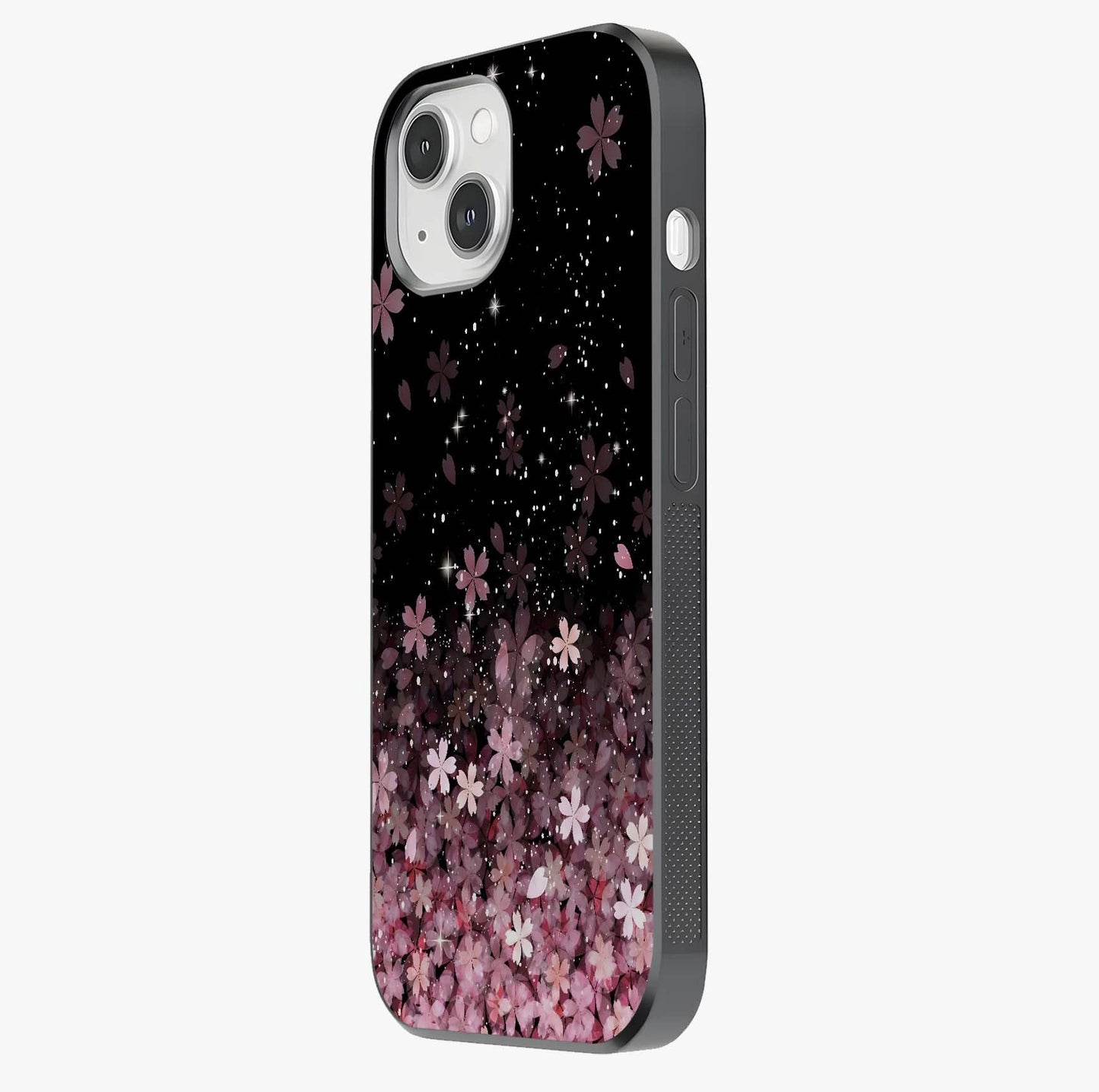 Small Starry Flowers Glass Case photographed in natural light showing reflective finish and design depth.