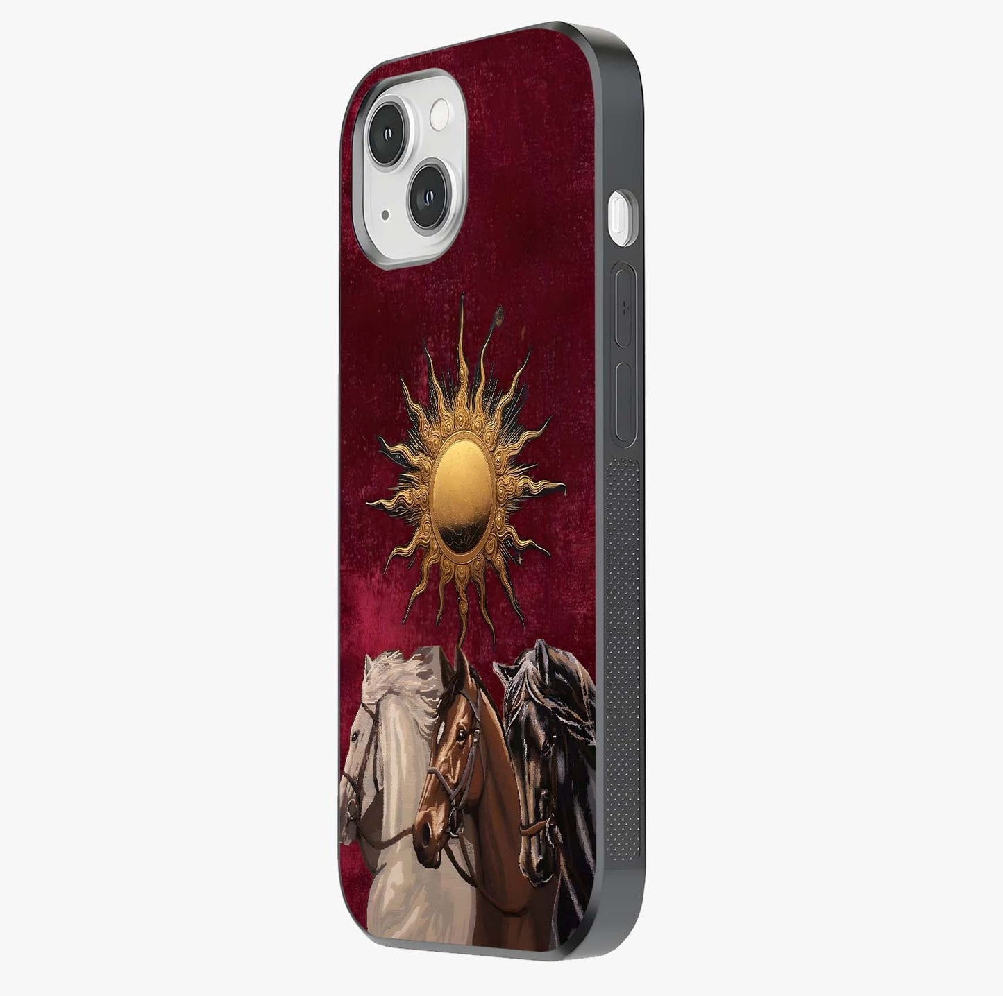 Solar Riders Glass Case photographed in natural light showing reflective finish and design depth.