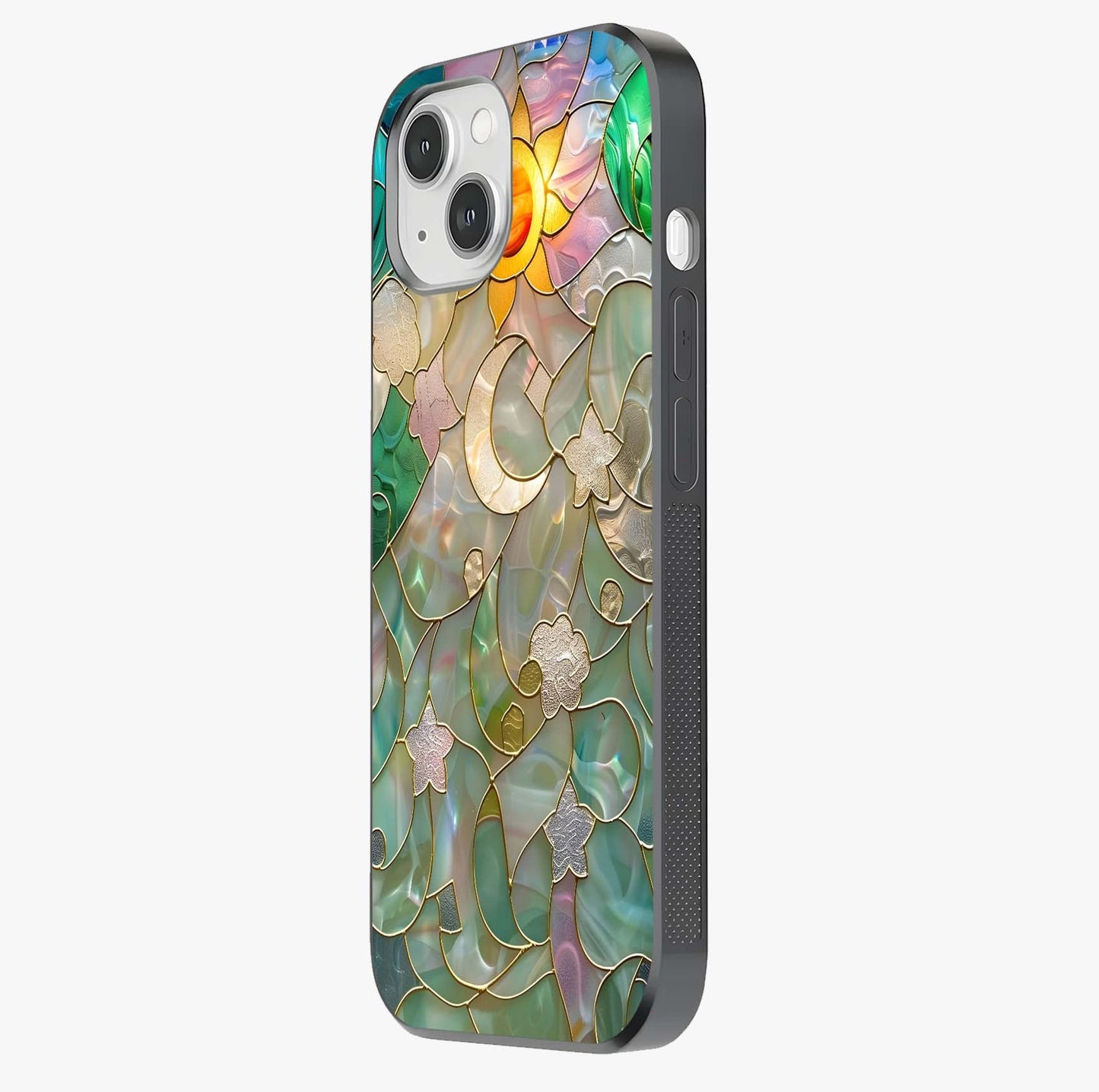 Stained Sunrise Glow Glass Case photographed in natural light showing reflective finish and design depth.