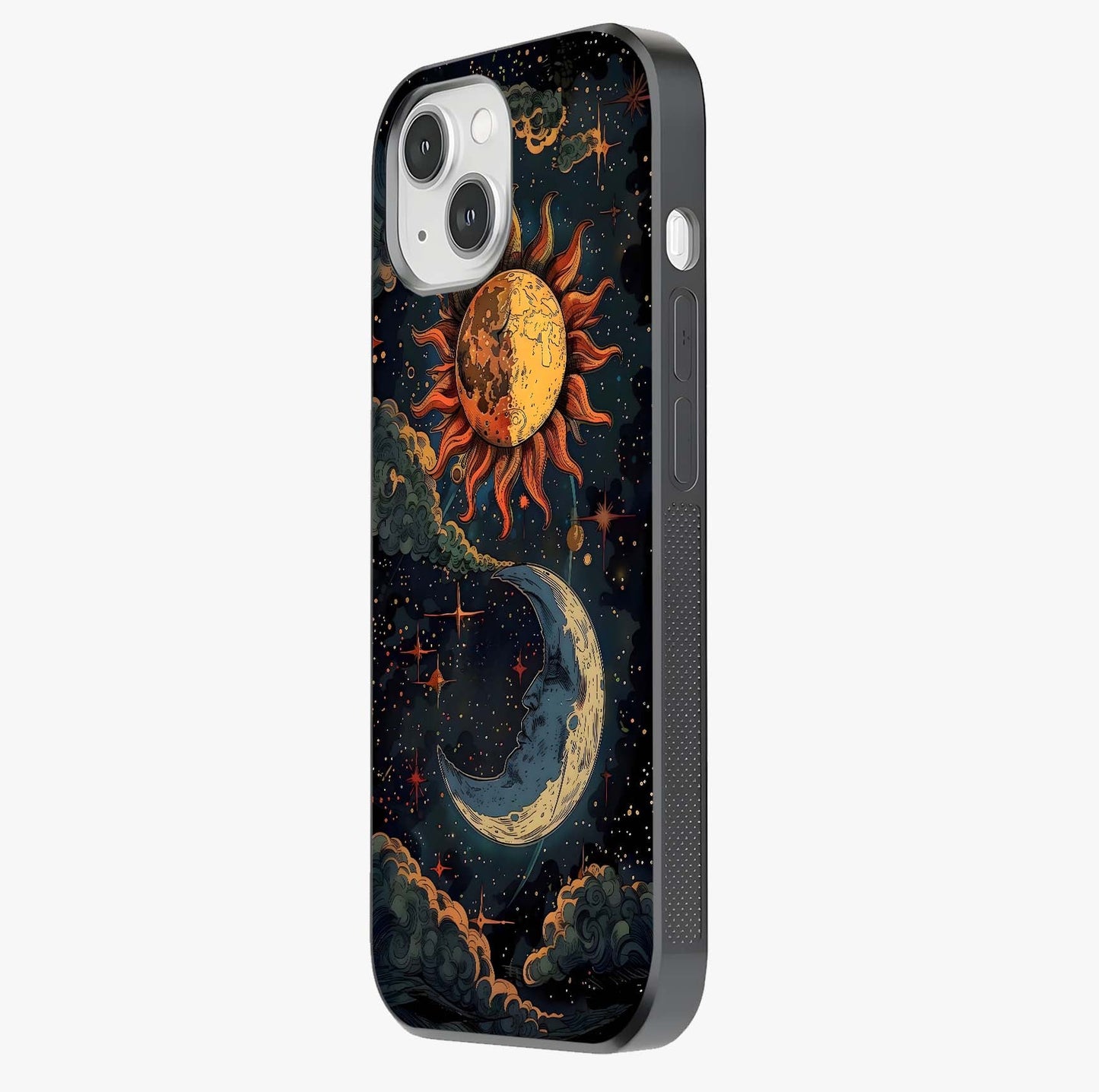 Sun And Moon Magic Design Glass Case photographed in natural light showing reflective finish and design depth.