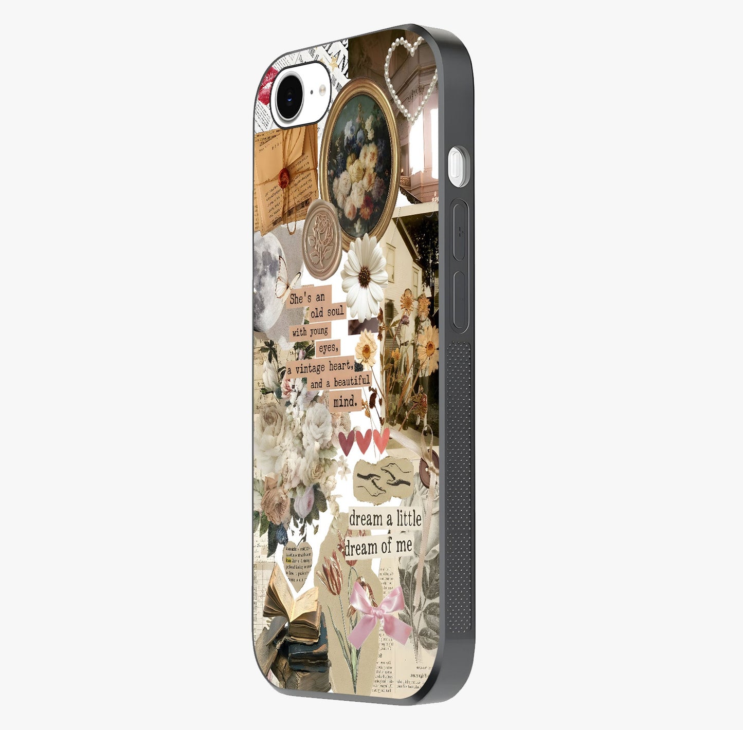 Aesthetic Brown Vintage Collage Glass Case photographed in natural light showing reflective finish and design depth.