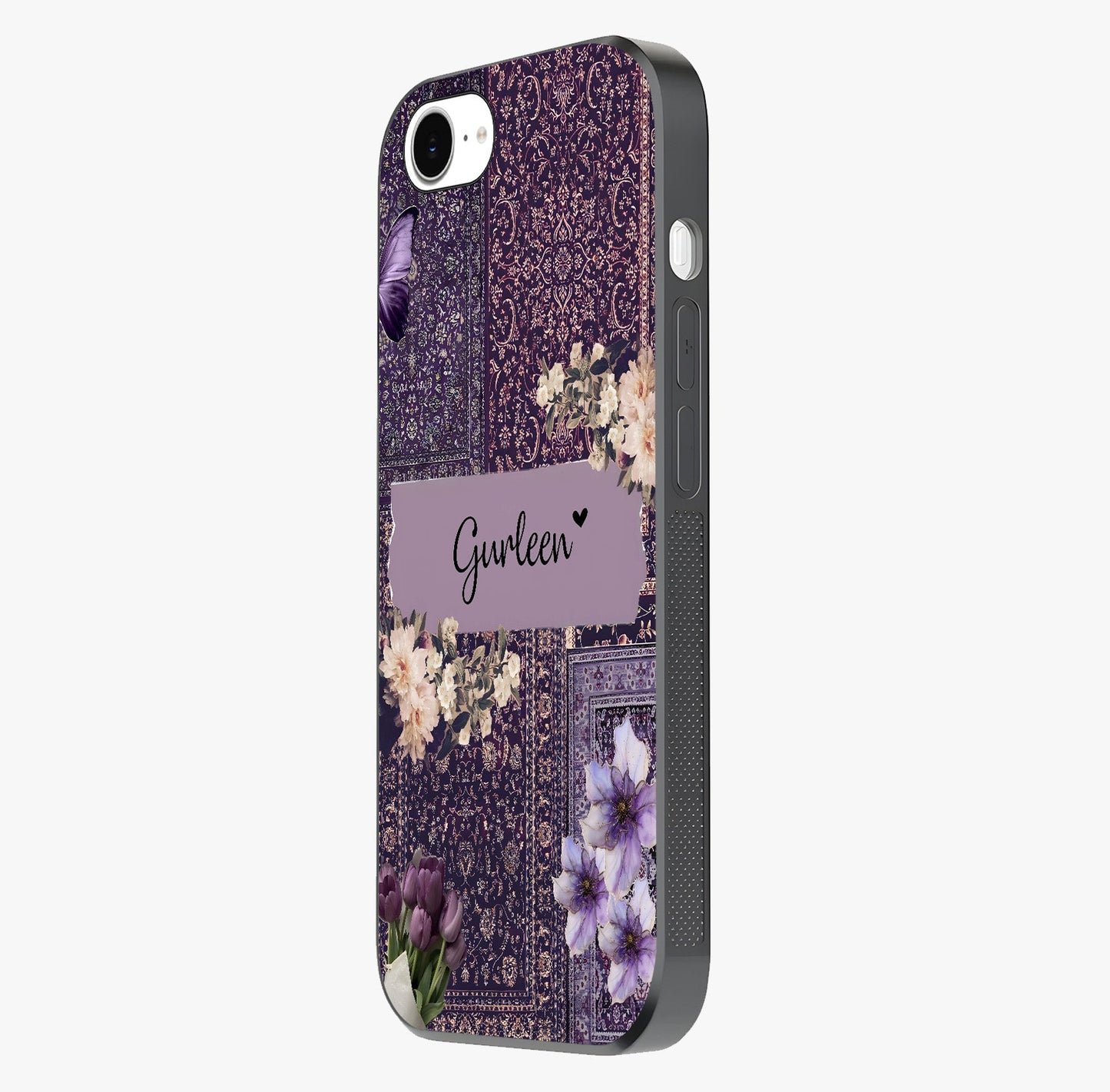 Antique Floral Whisper Custom Name Glass Case photographed in natural light showing reflective finish and design depth.