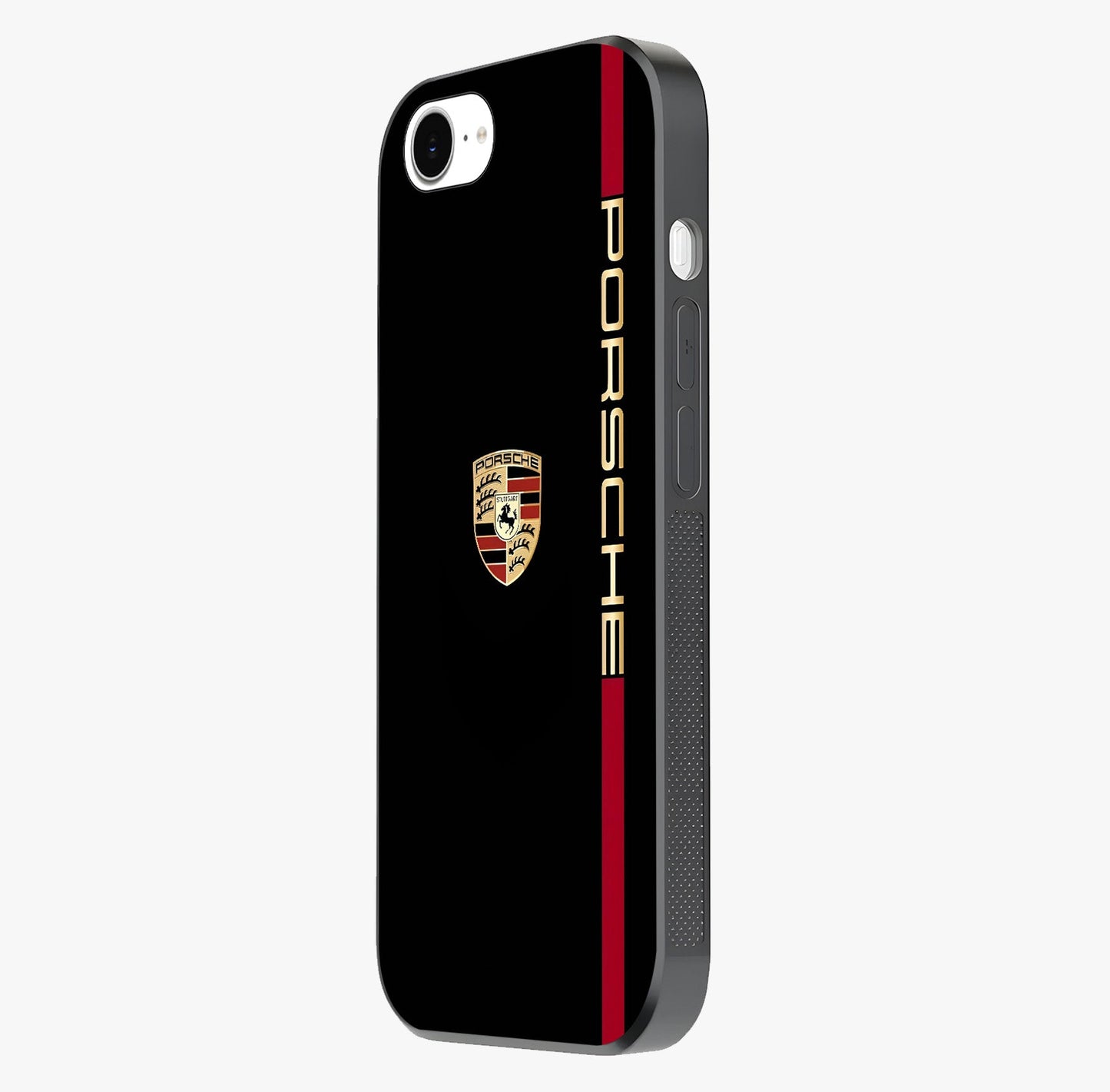 Black Minimal Porsche Glass Case photographed in natural light showing reflective finish and design depth.