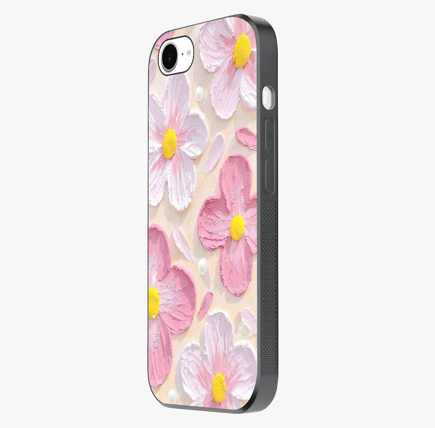 Blush Bloom Texture Glass Case photographed in natural light showing reflective finish and design depth.