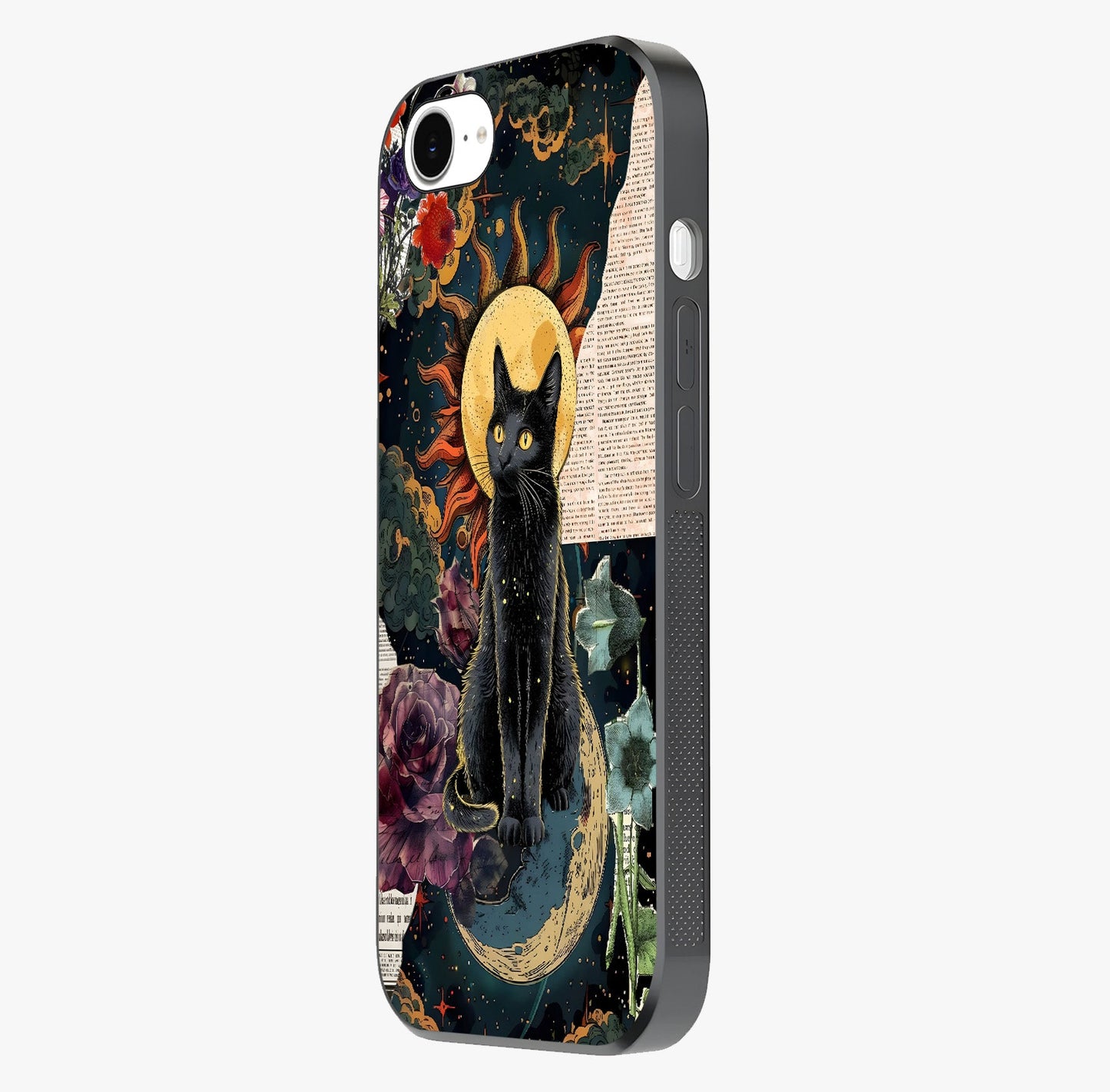 Celestial Black Cat Glass Case photographed in natural light showing reflective finish and design depth.