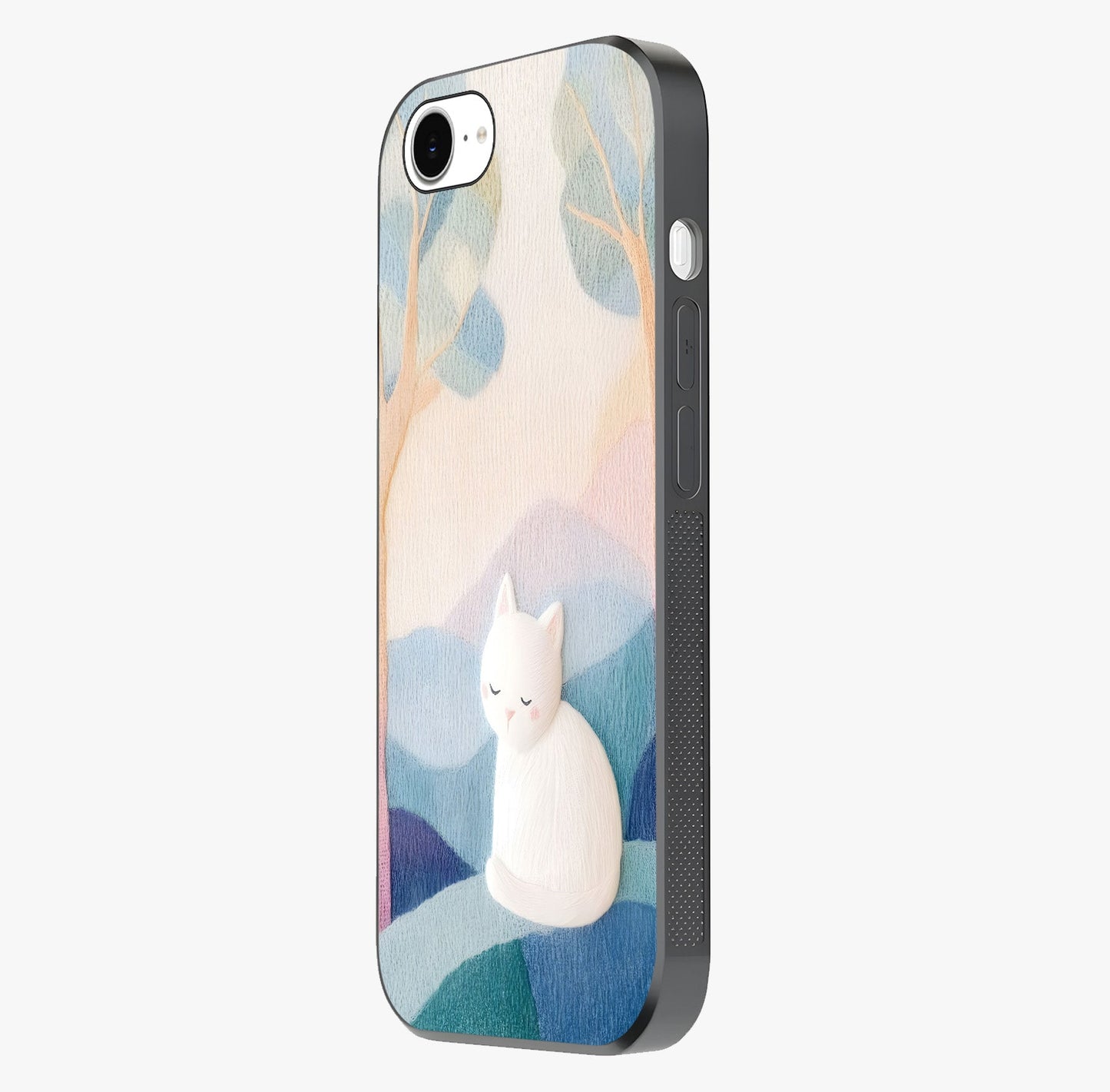 Cotton Dream Cat Glass Case photographed in natural light showing reflective finish and design depth.