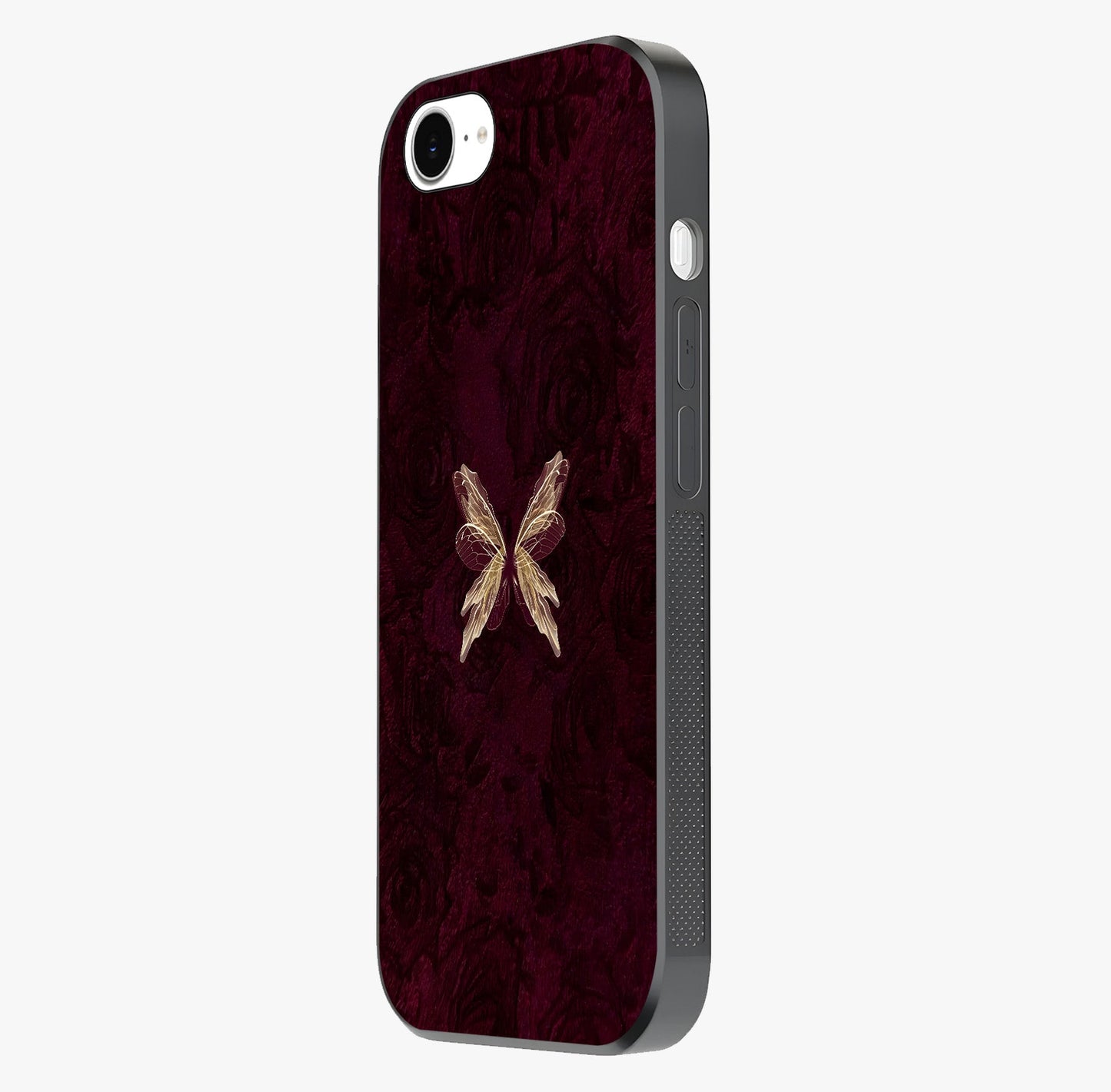 Crimson Fade Butterfly Glass Case photographed in natural light showing reflective finish and design depth.